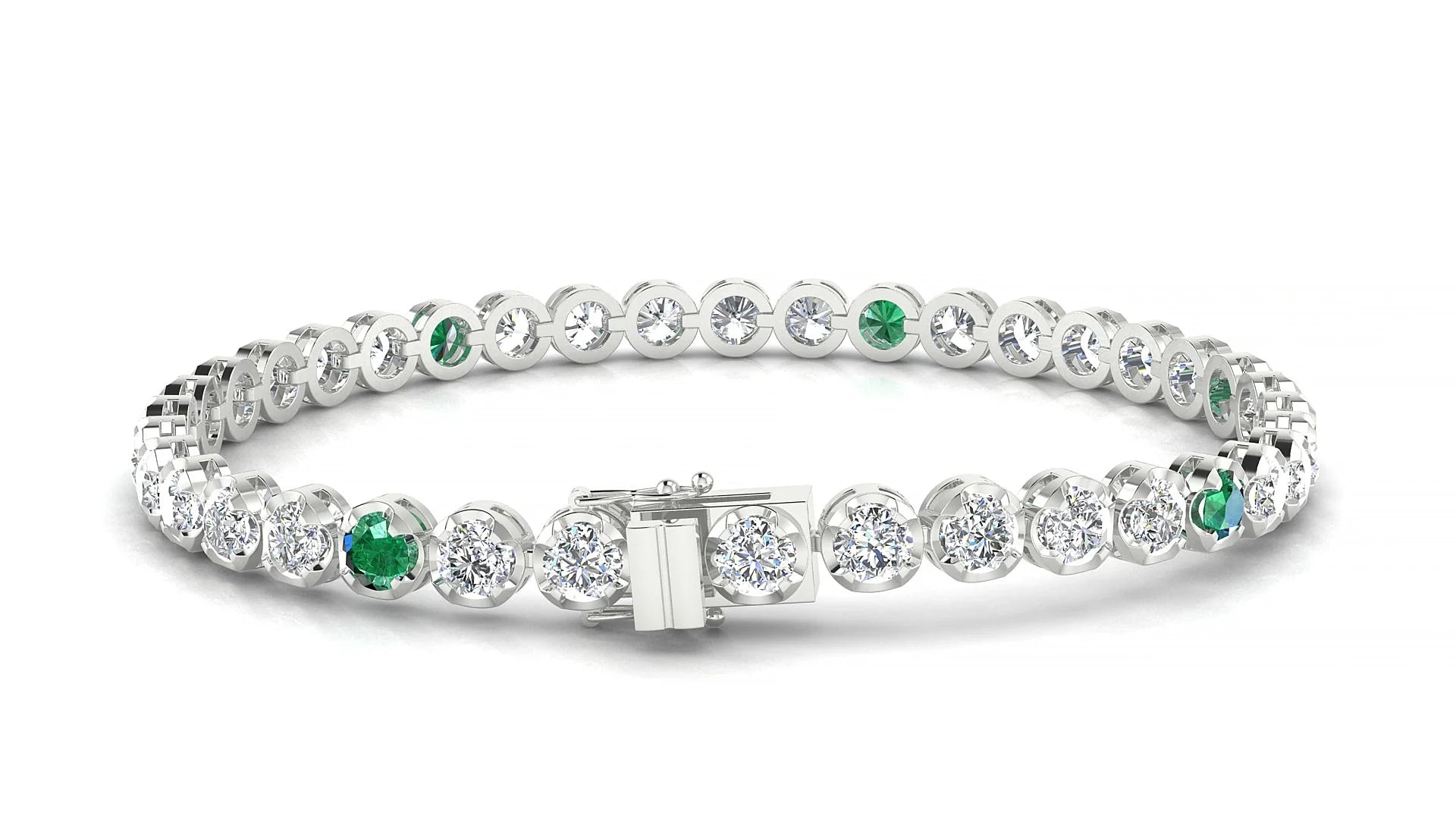 Bengal 1-5 | 18k White Gold 3.4 mm Round Natural Emerald & Diamond Tennis Bracelet