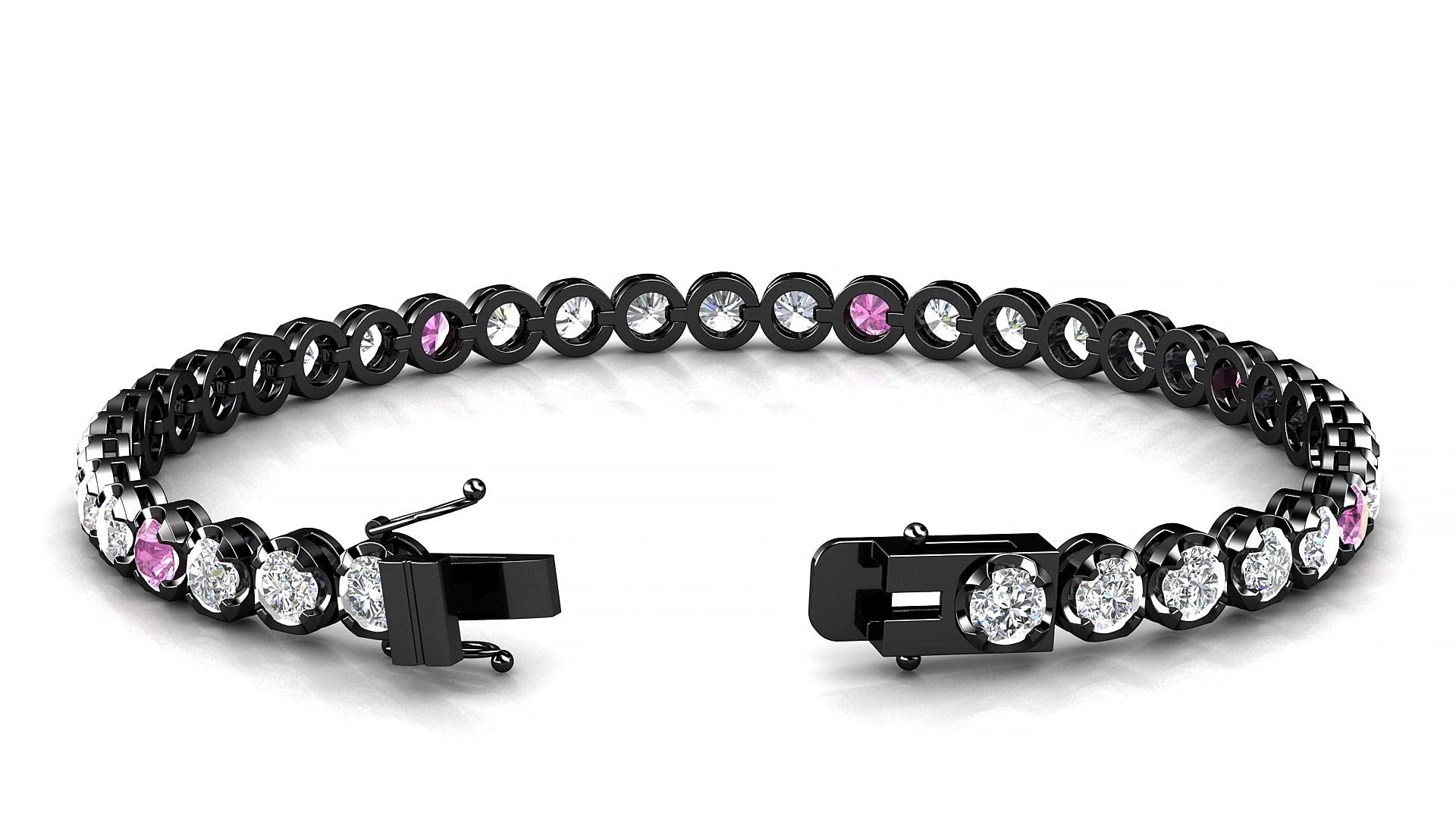 Bengal 1-5 | 18k Black Gold 3.4 mm Round Natural Pink Sapphire & Diamond 15 cm Tennis Bracelet
