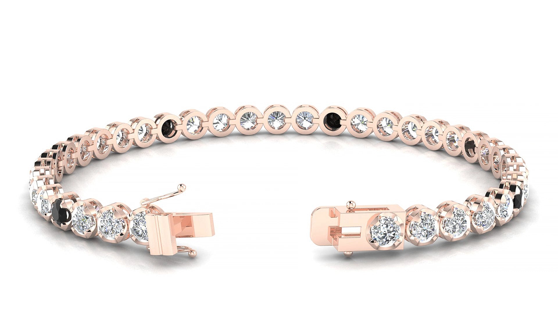 Bengal 1-5 | 18k Rose Gold 3.4 mm Round Natural Black Diamond & Diamond 15 cm Tennis Bracelet