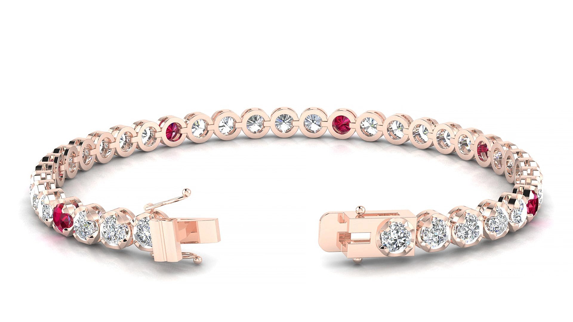 Bengal 1-5 | 18k Rose Gold 3.4 mm Round Natural Ruby & Diamond 15 cm Tennis Bracelet