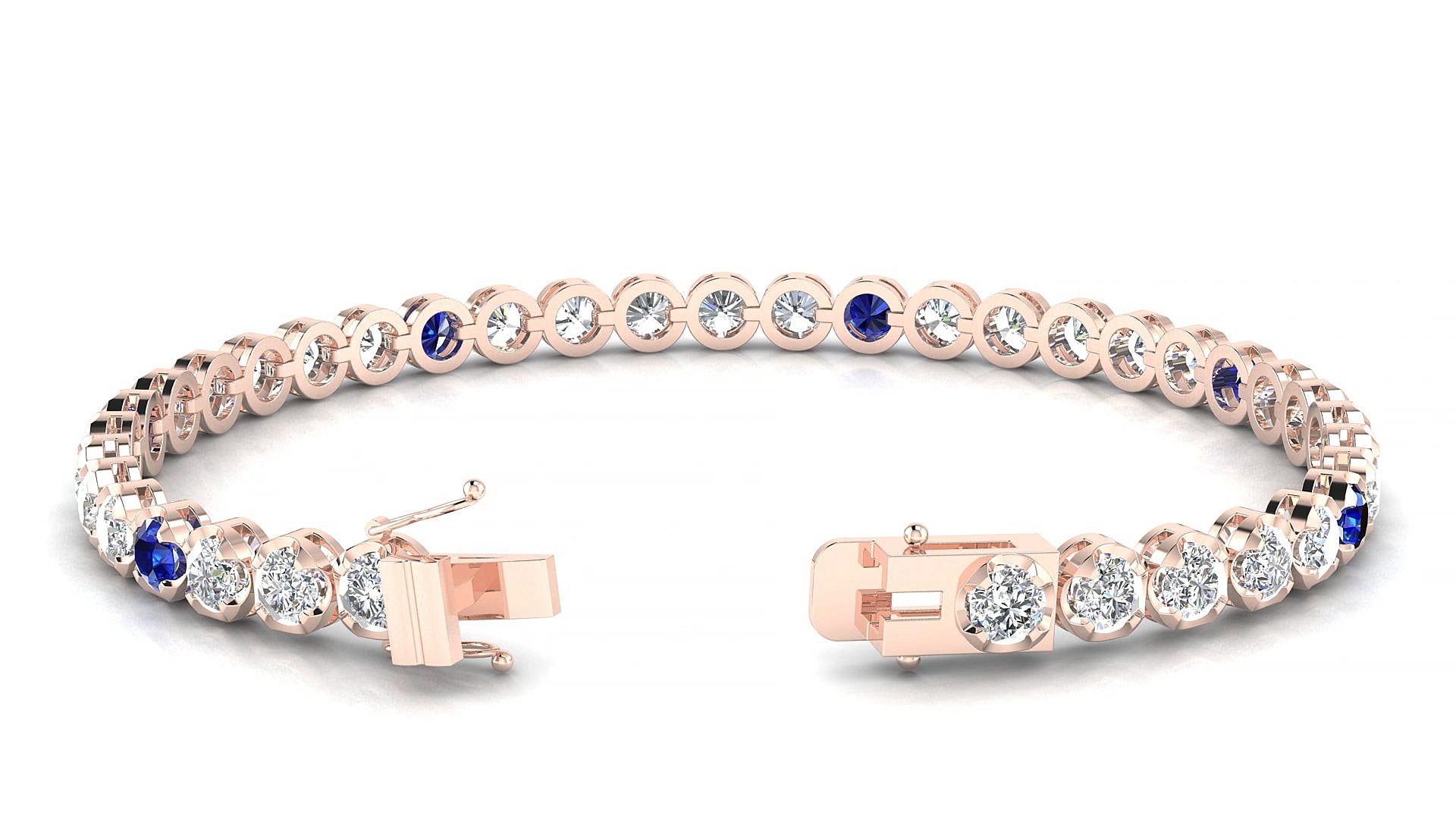 Bengal 1-5 | 18k Rose Gold 3.4 mm Round Natural Sapphire & Diamond 15 cm Tennis Bracelet