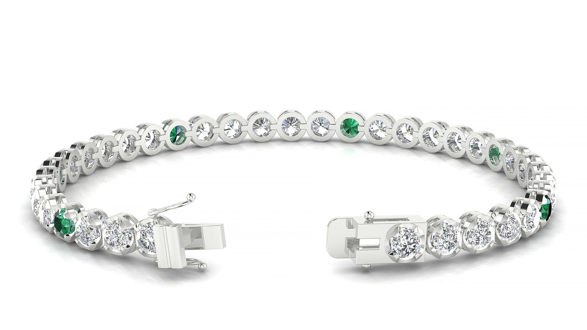 Bengal 1-5 | 18k White Gold 3.4 mm Round Natural Emerald & Diamond 15 cm Tennis Bracelet