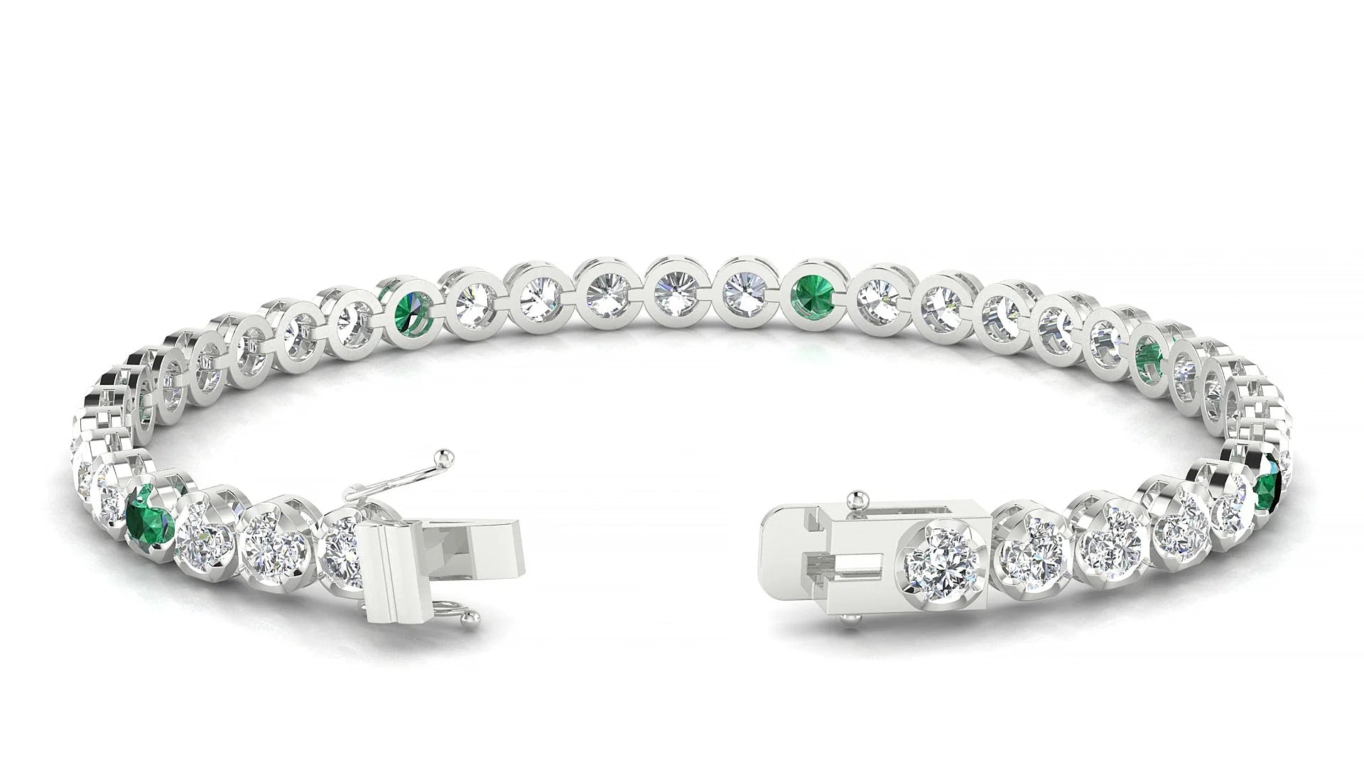 Bengal 1-5 | 18k White Gold 3.4 mm Round Natural Emerald & Diamond Tennis Bracelet
