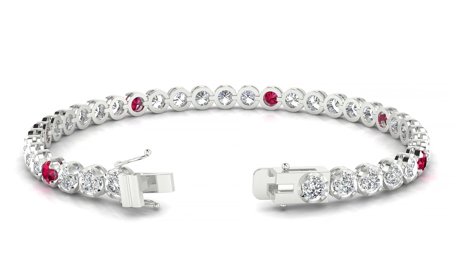 Bengal 1-5 | 18k White Gold 3.4 mm Round Natural Ruby & Diamond 15 cm Tennis Bracelet