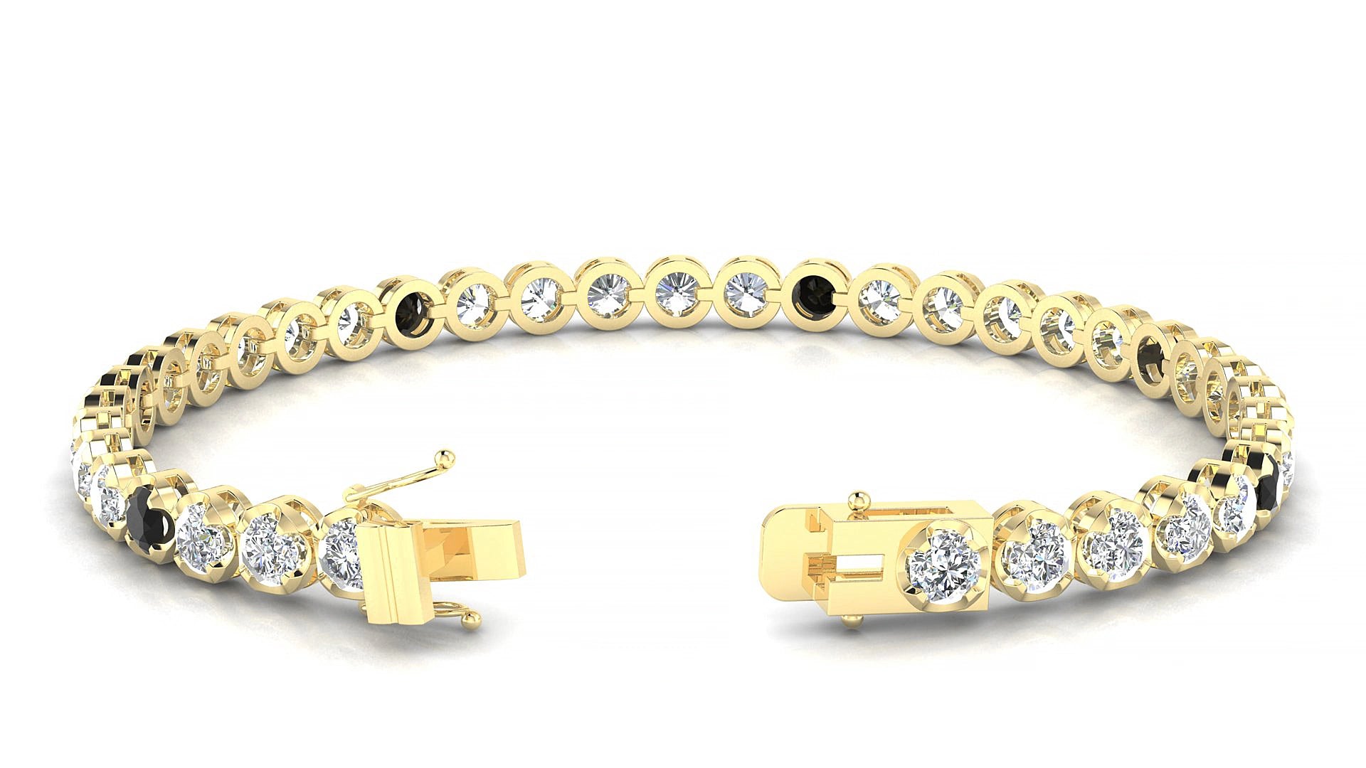 Bengal 1-5 | 18k Yellow Gold 3.4 mm Round Natural Black Diamond & Diamond 15 cm Tennis Bracelet