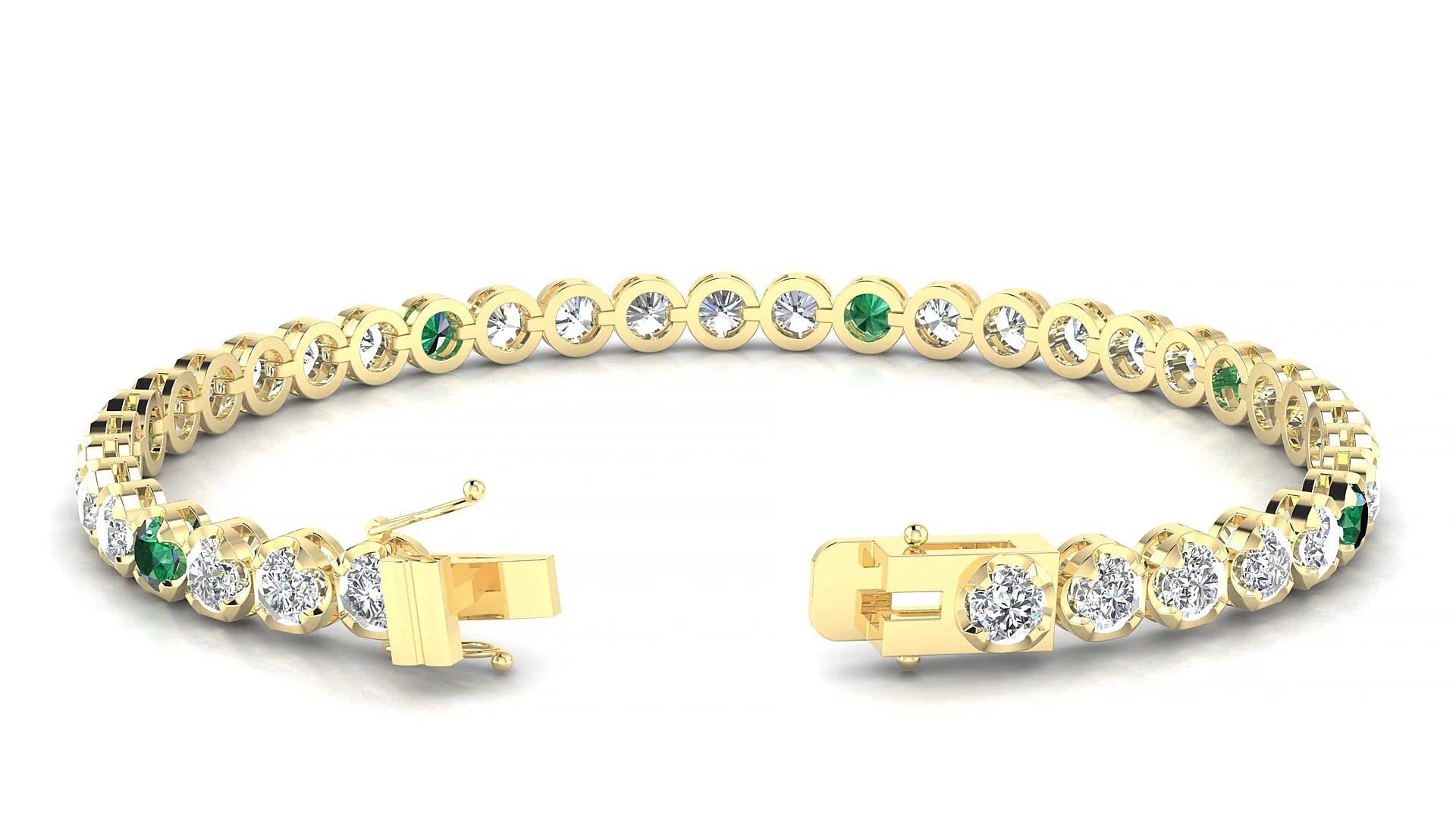 Bengal 1-5 | 18k Yellow Gold 3.4 mm Round Natural Emerald & Diamond Tennis Bracelet