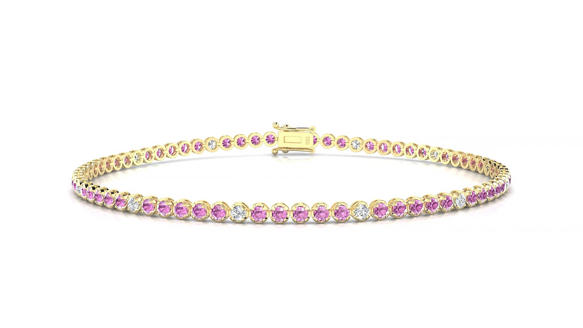 Bengal 5-1 | 18k Yellow Gold 1.7 mm Round Natural Pink Sapphire & Diamond 15 cm Tennis Bracelet