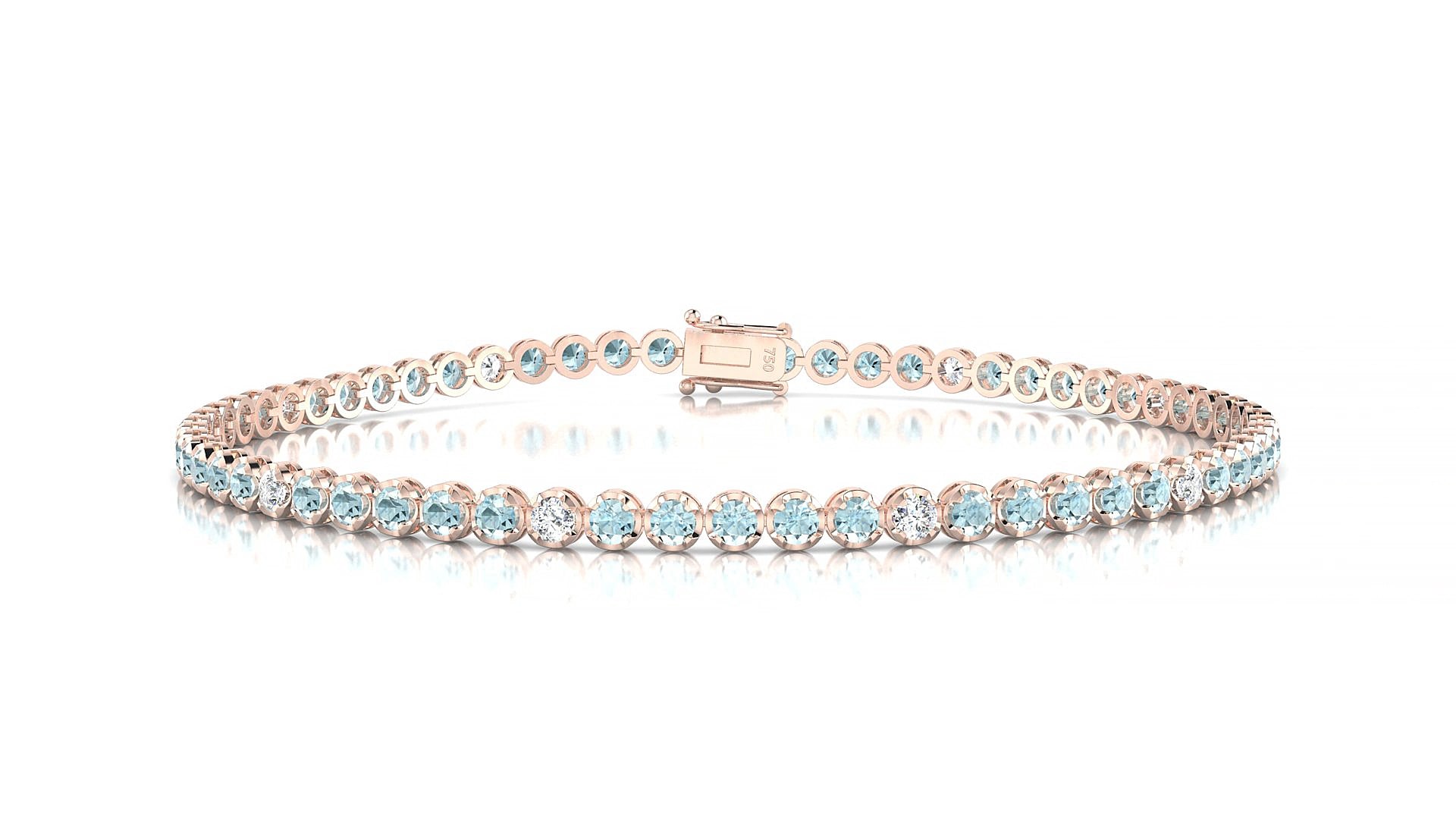 Bengal 5-1 | 18k Rose Gold 2 mm Round Natural Aquamarine & Diamond 18 cm Tennis Bracelet