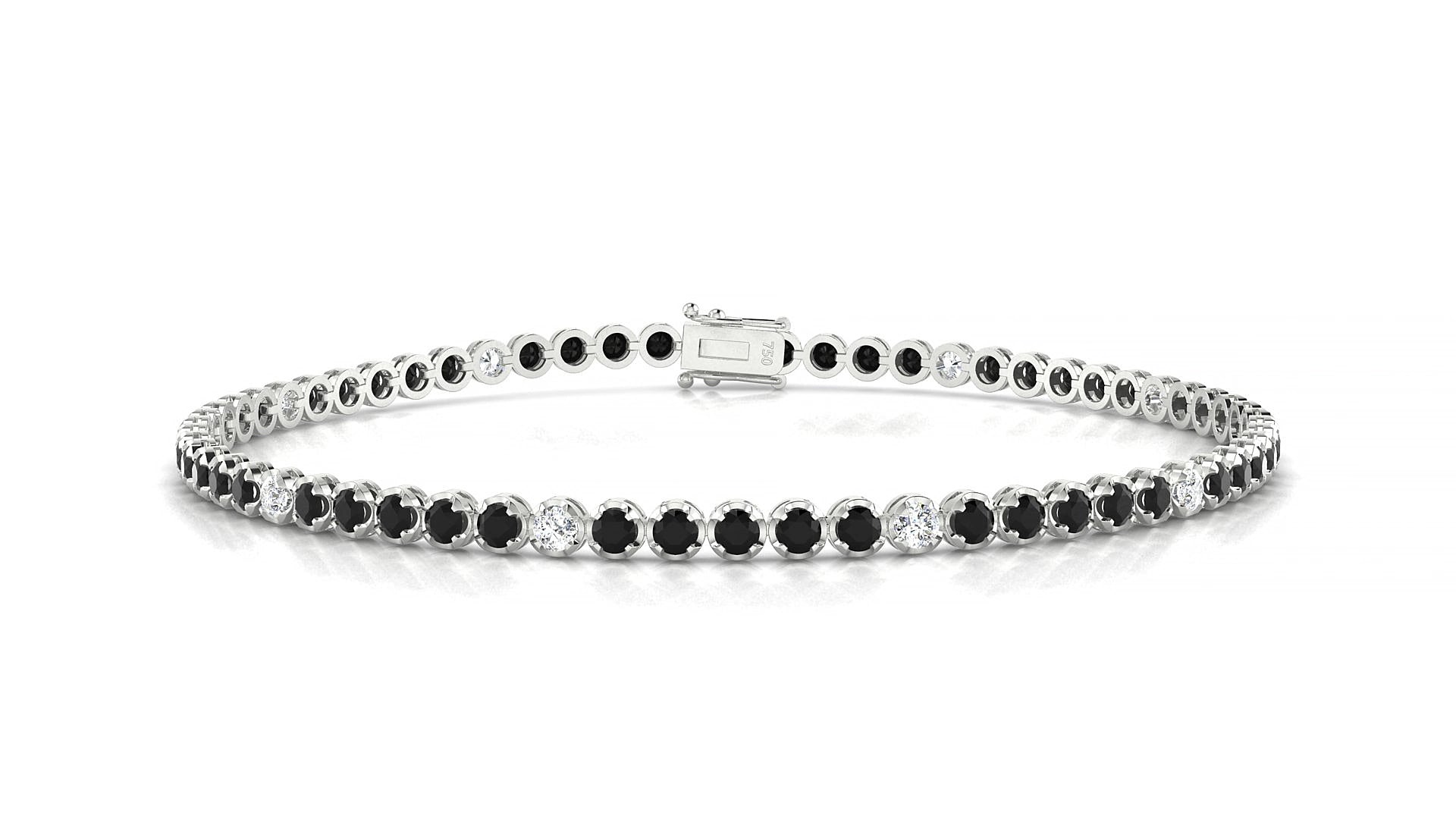 Bengal 5-1 | 18k White Gold 2 mm Round Natural Black Diamond & Diamond 15 cm Tennis Bracelet
