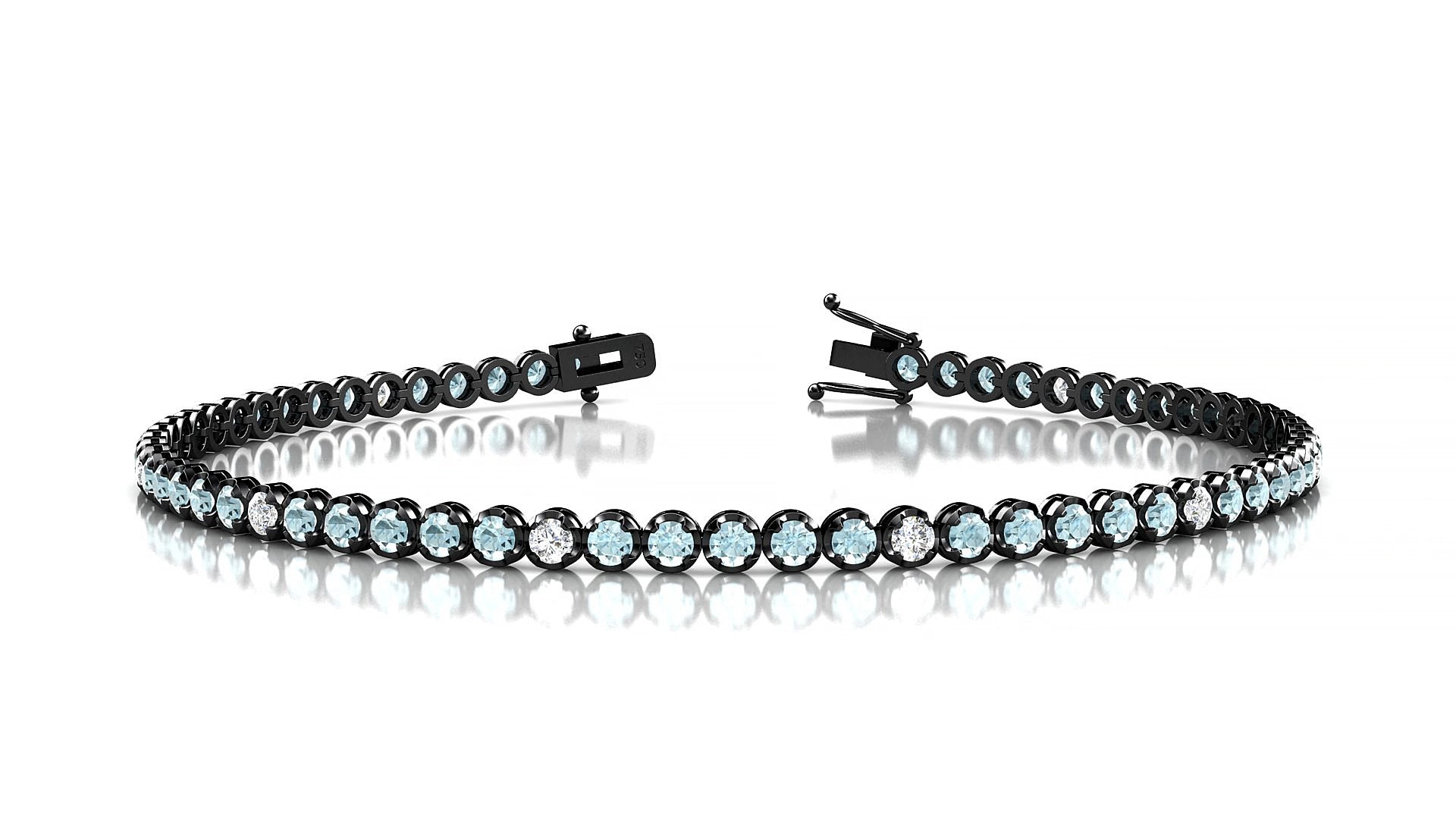 Bengal 5-1 | 18k Black Gold 2 mm Round Natural Aquamarine & Diamond 15 cm Tennis Bracelet