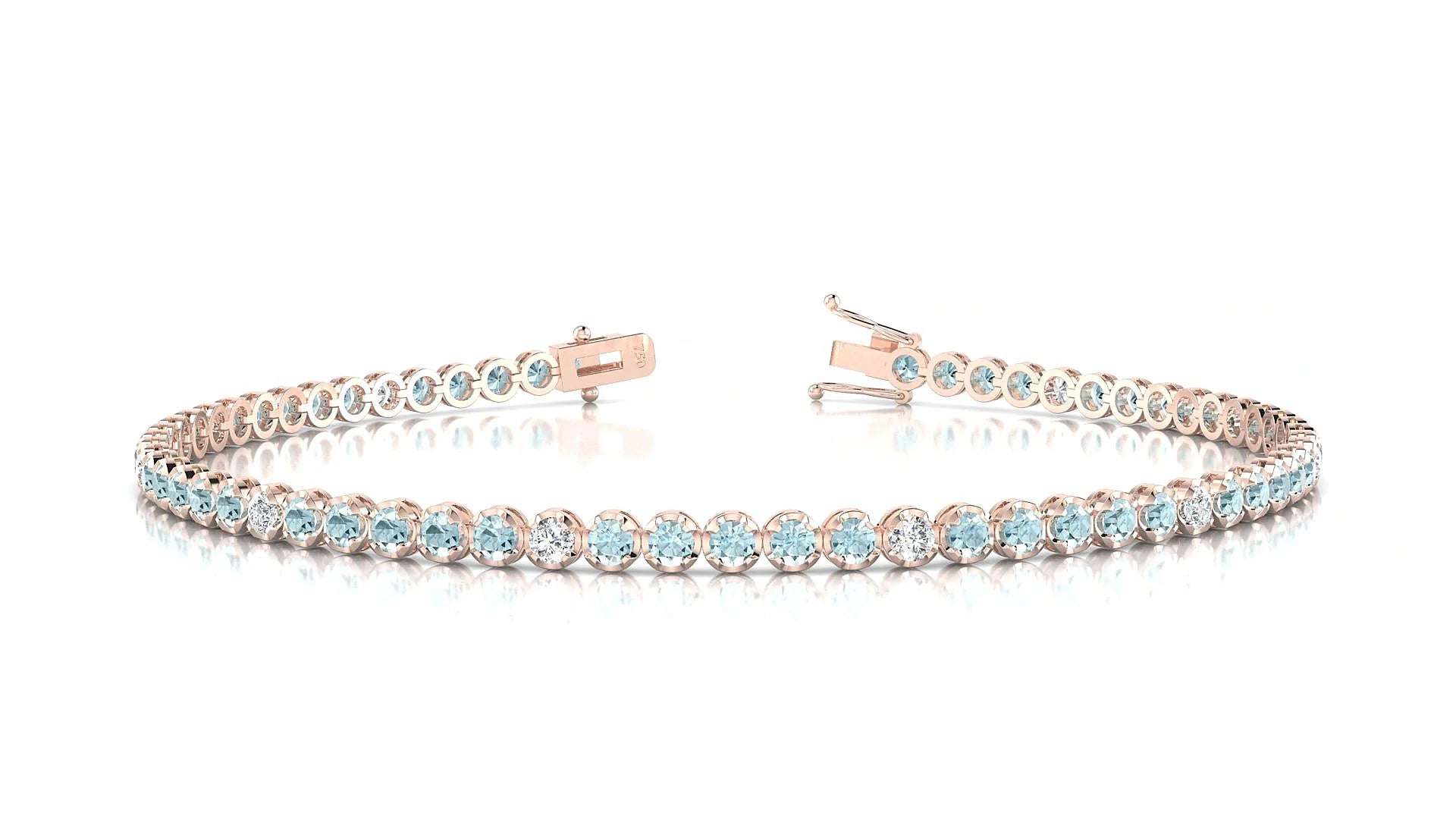 Bengal 5-1 | 18k Rose Gold 2 mm Round Natural Aquamarine & Diamond Tennis Bracelet