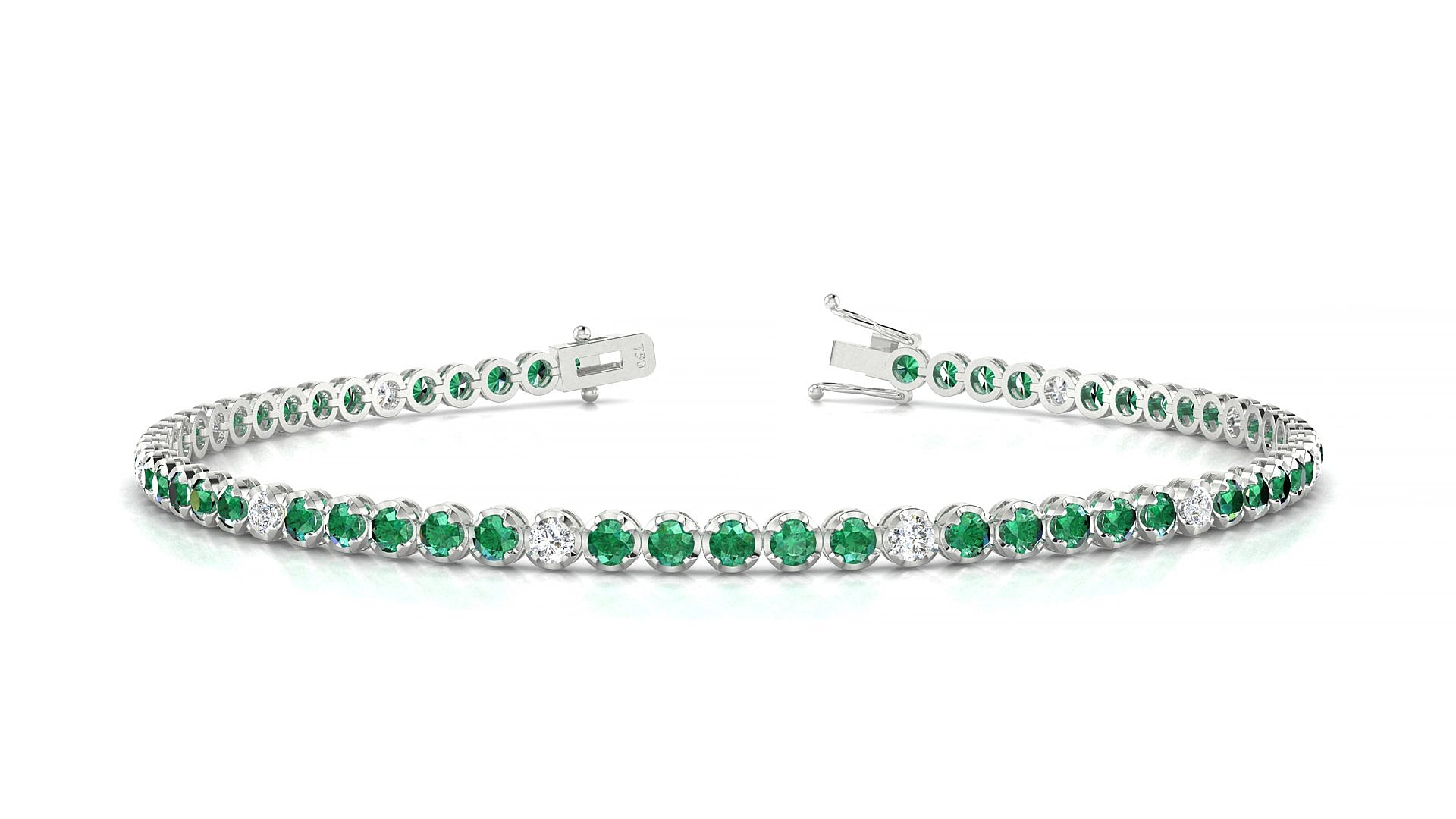 Bengal 5-1 | 18k White Gold 2 mm Round Natural Emerald & Diamond 15 cm Tennis Bracelet