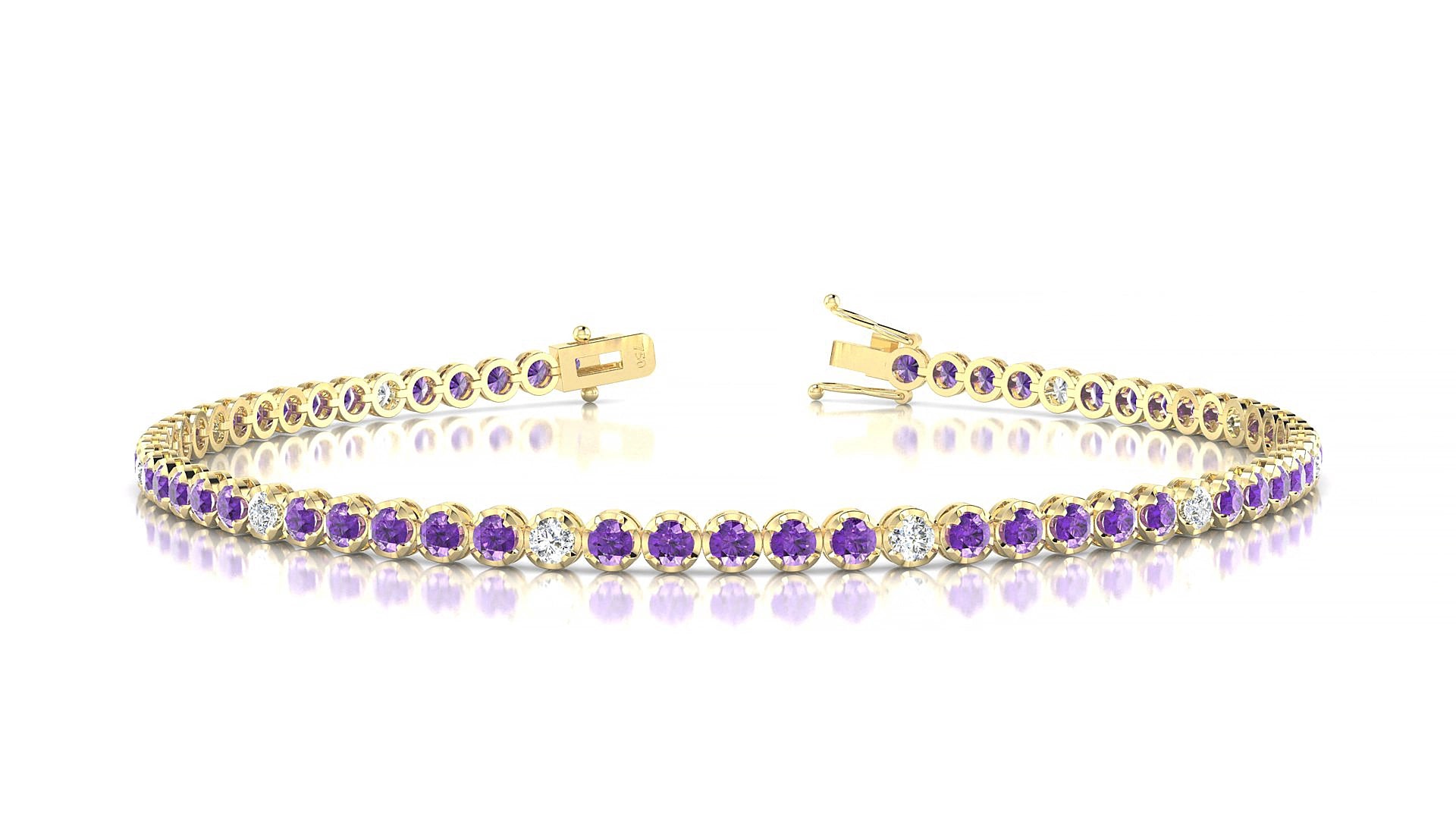 Bengal 5-1 | 18k Yellow Gold 2 mm Round Natural Amethyst & Diamond 15 cm Tennis Bracelet