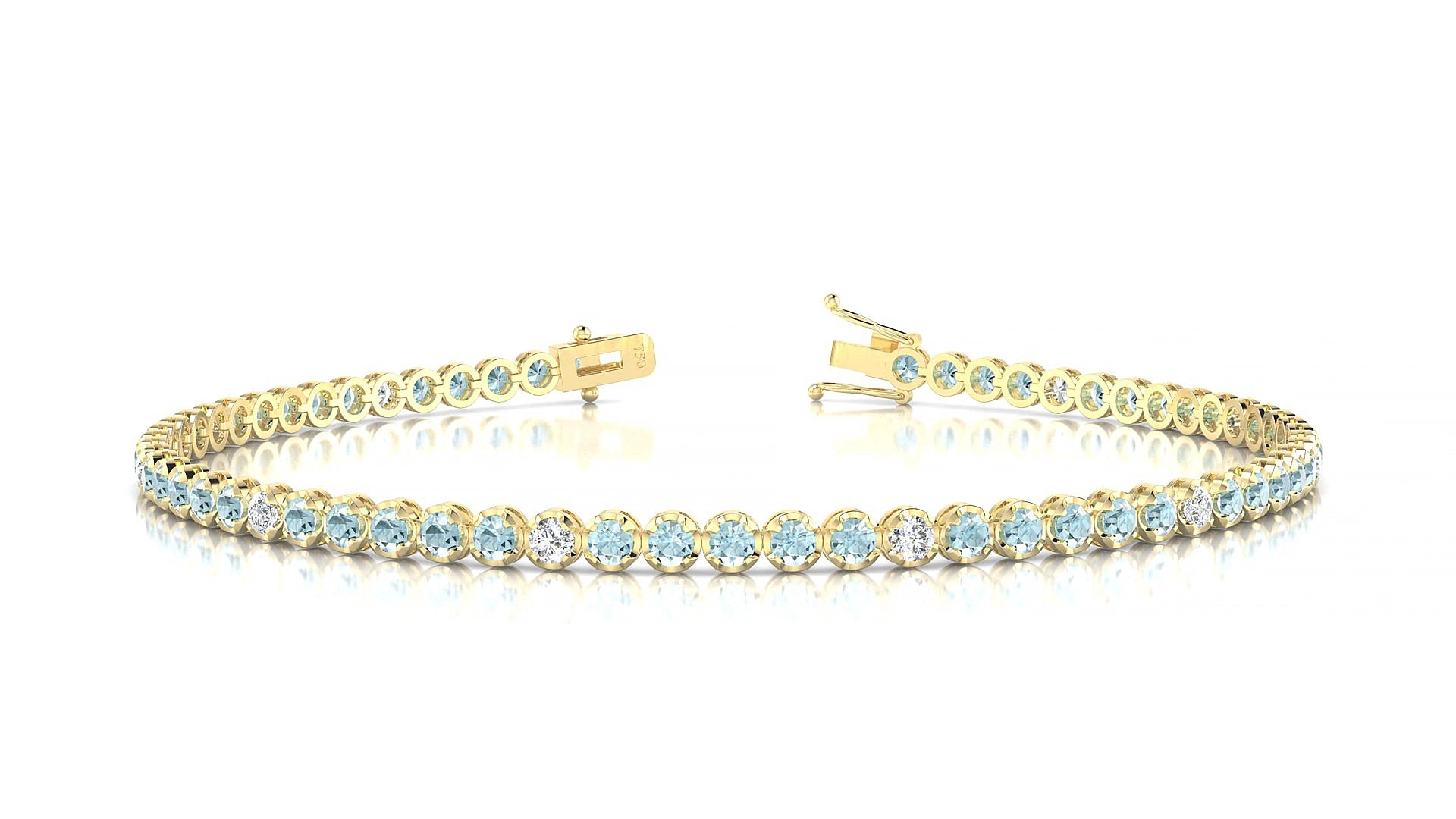 Bengal 5-1 | 18k Yellow Gold 2 mm Round Natural Aquamarine & Diamond 15 cm Tennis Bracelet