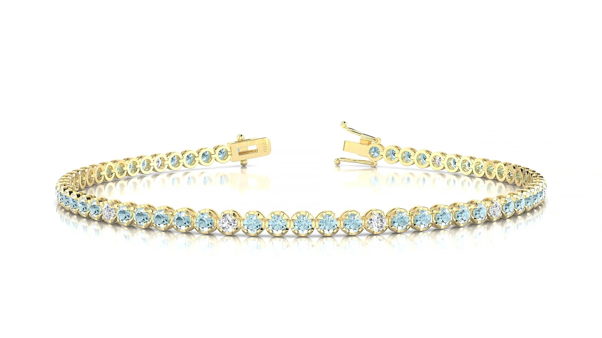 Bengal 5-1 | 18k Yellow Gold 2 mm Round Natural Aquamarine & Diamond Tennis Bracelet