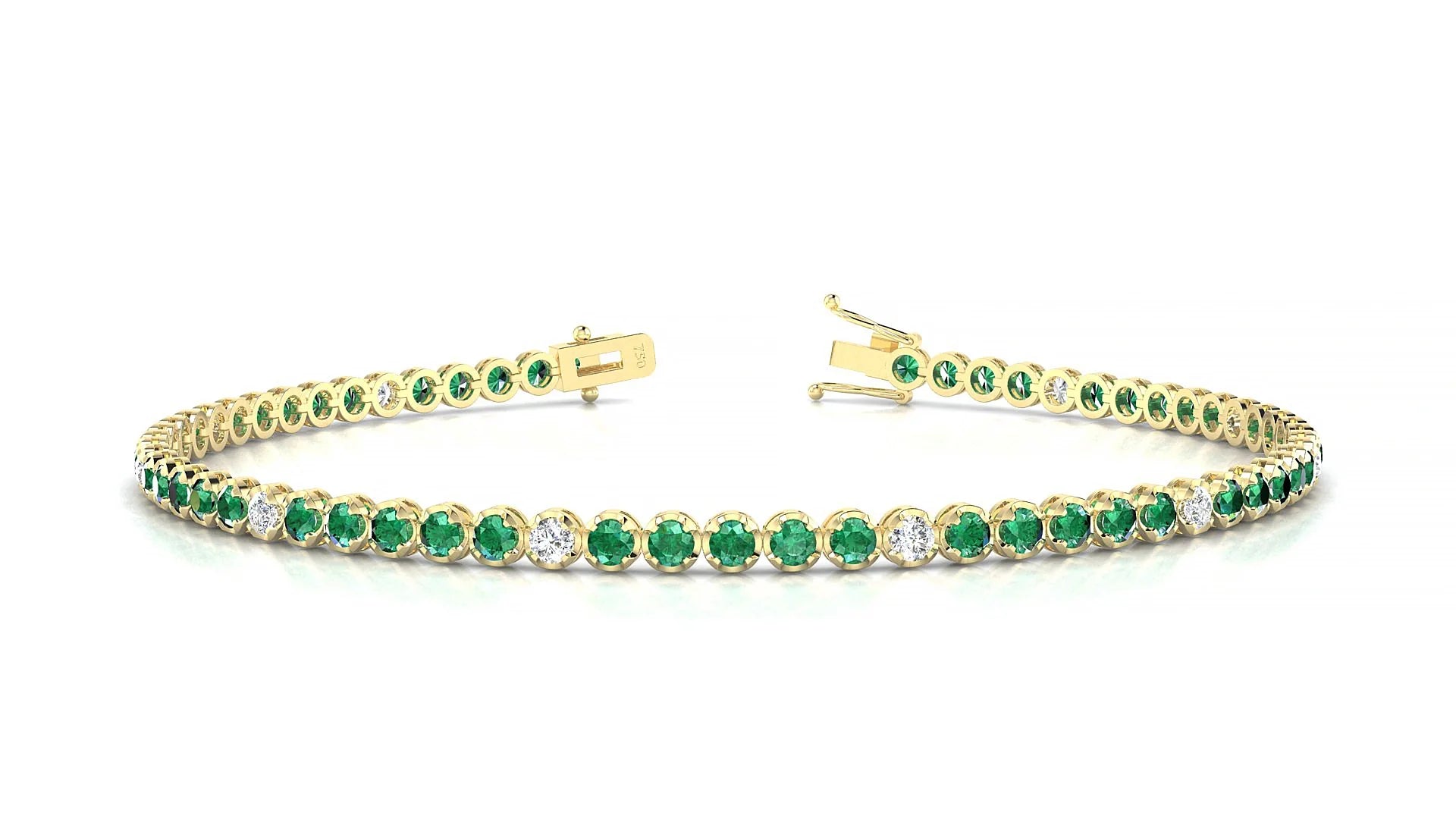 Bengal 5-1 | 18k Yellow Gold 2 mm Round Natural Emerald & Diamond Tennis Bracelet
