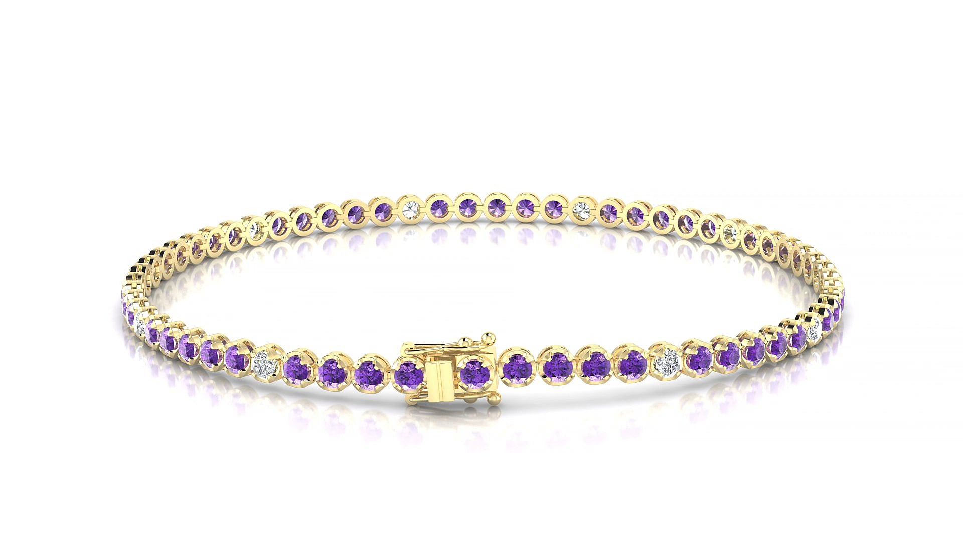 Bengal 5-1 | 18k Yellow Gold 2 mm Round Natural Amethyst & Diamond 15 cm Tennis Bracelet