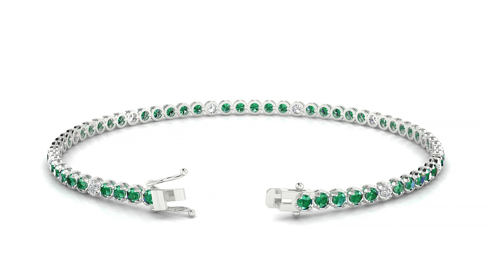 Bengal 5-1 | 18k White Gold 2 mm Round Natural Emerald & Diamond 15 cm Tennis Bracelet