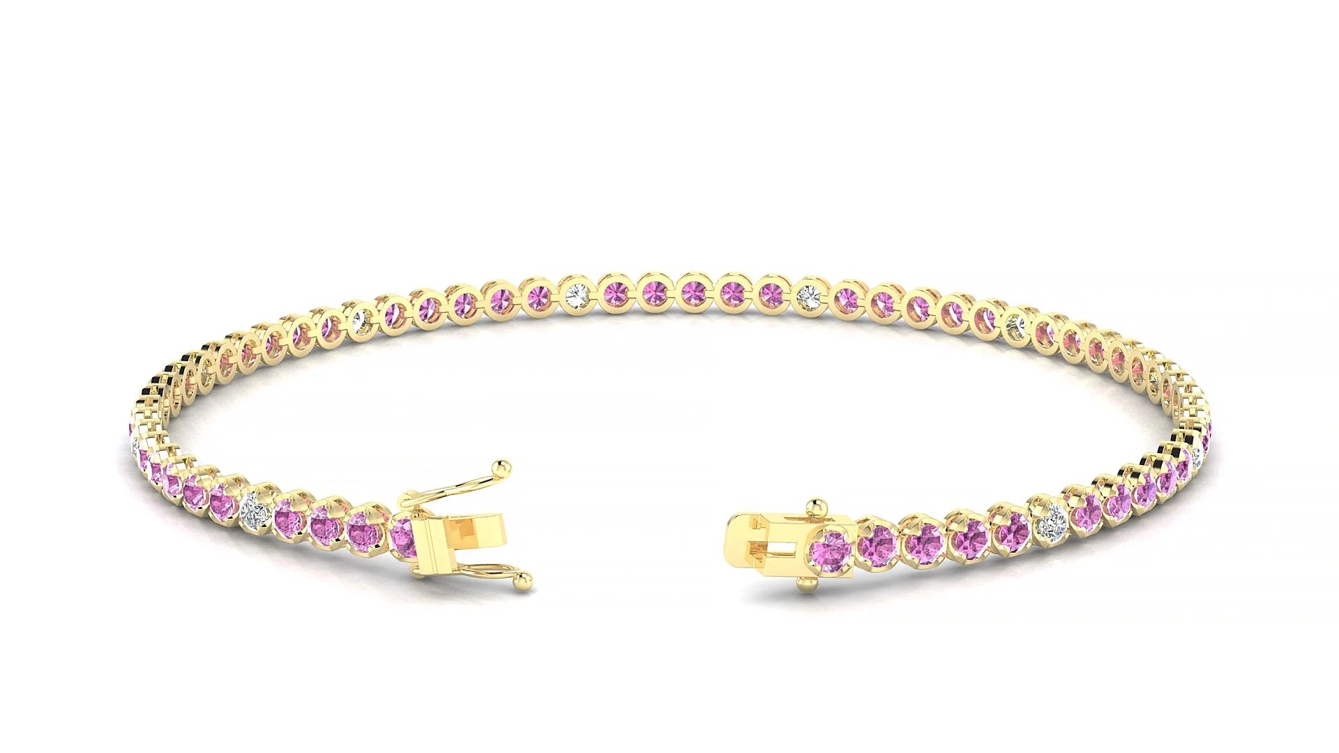 Bengal 5-1 | 18k Yellow Gold 2 mm Round Natural Pink Sapphire & Diamond Tennis Bracelet