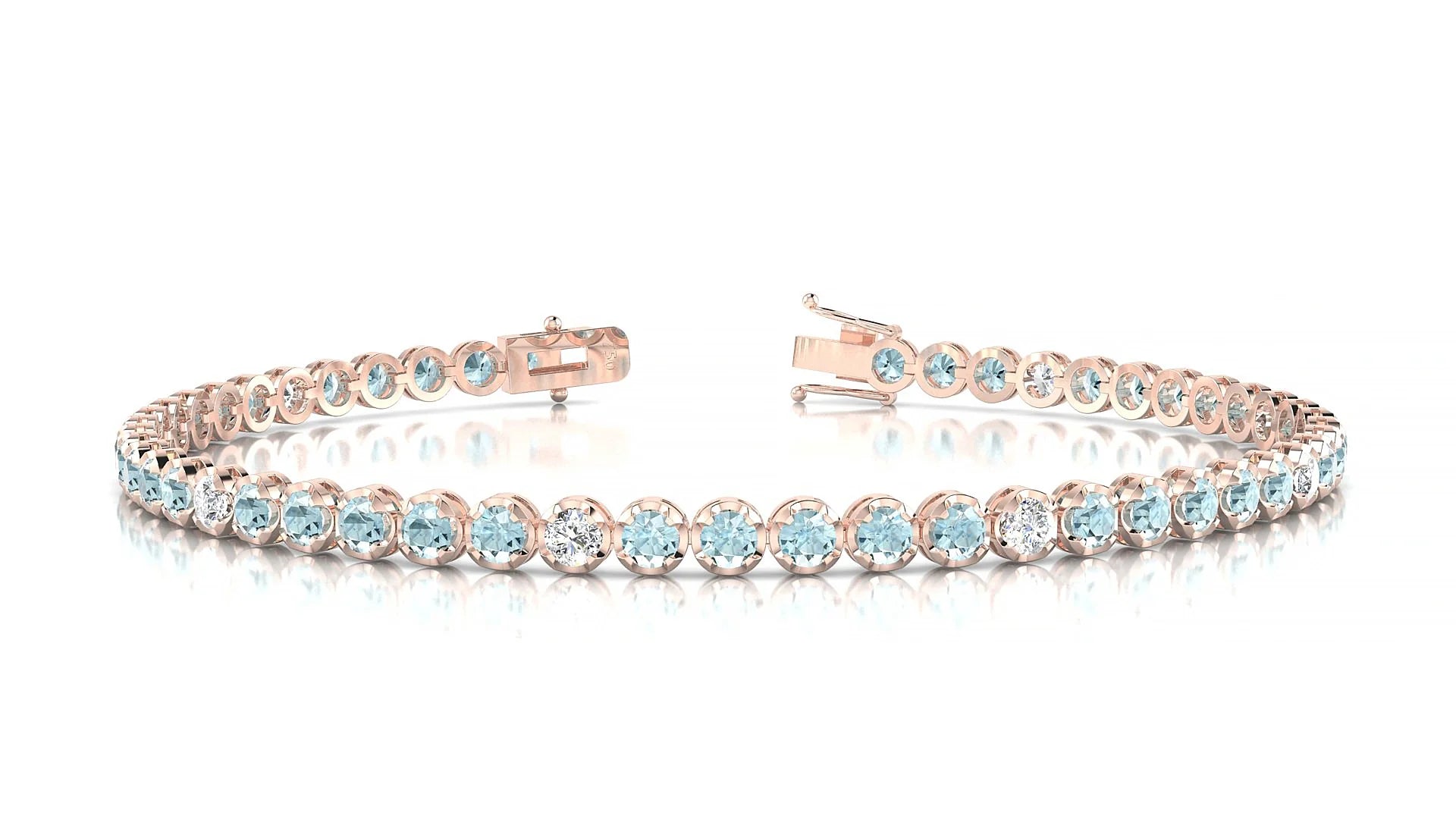Bengal 5-1 | 18k Rose Gold 2.5 mm Round Natural Aquamarine & Diamond Tennis Bracelet