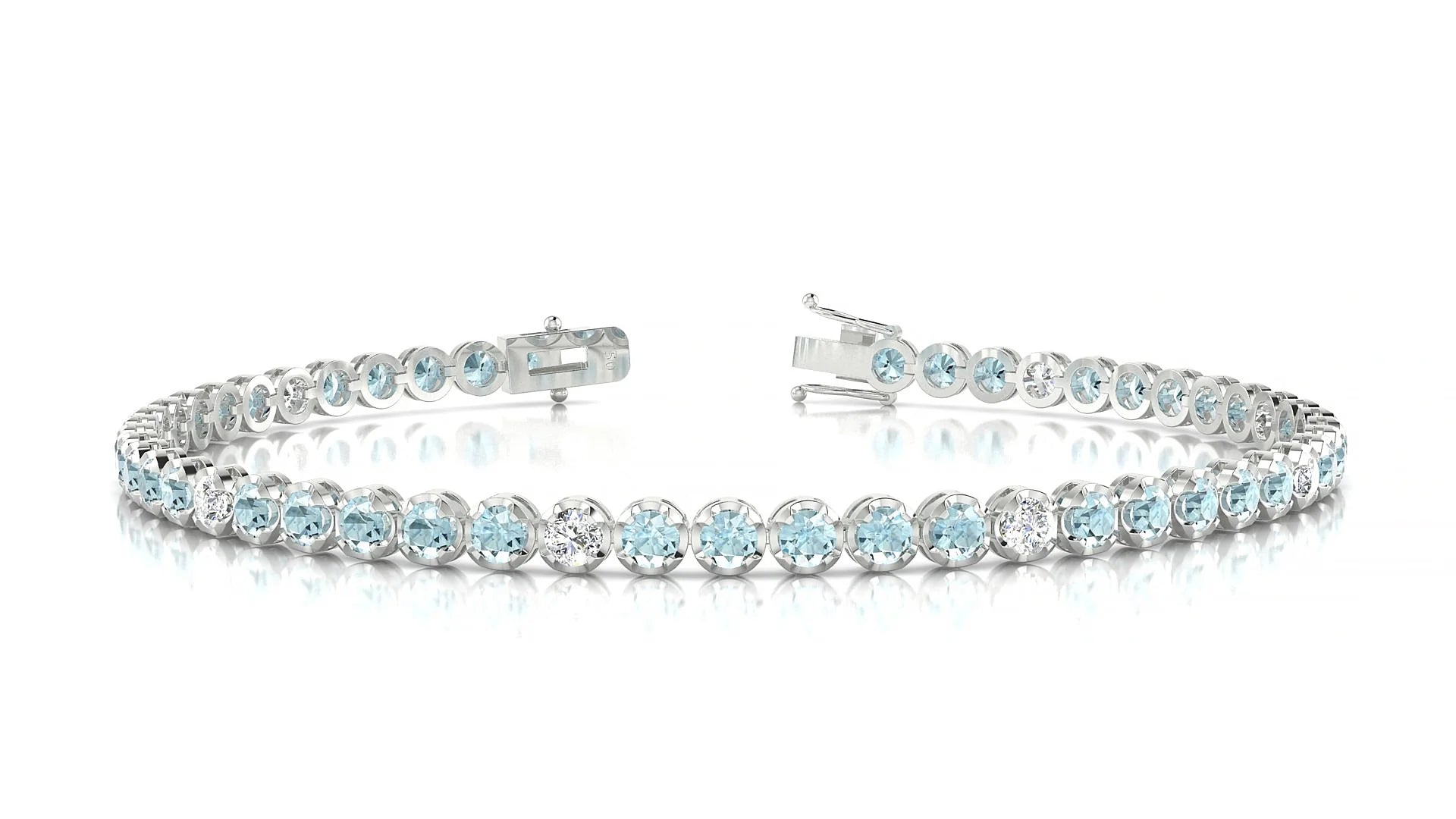 Bengal 5-1 | 18k White Gold 2.5 mm Round Natural Aquamarine & Diamond Tennis Bracelet