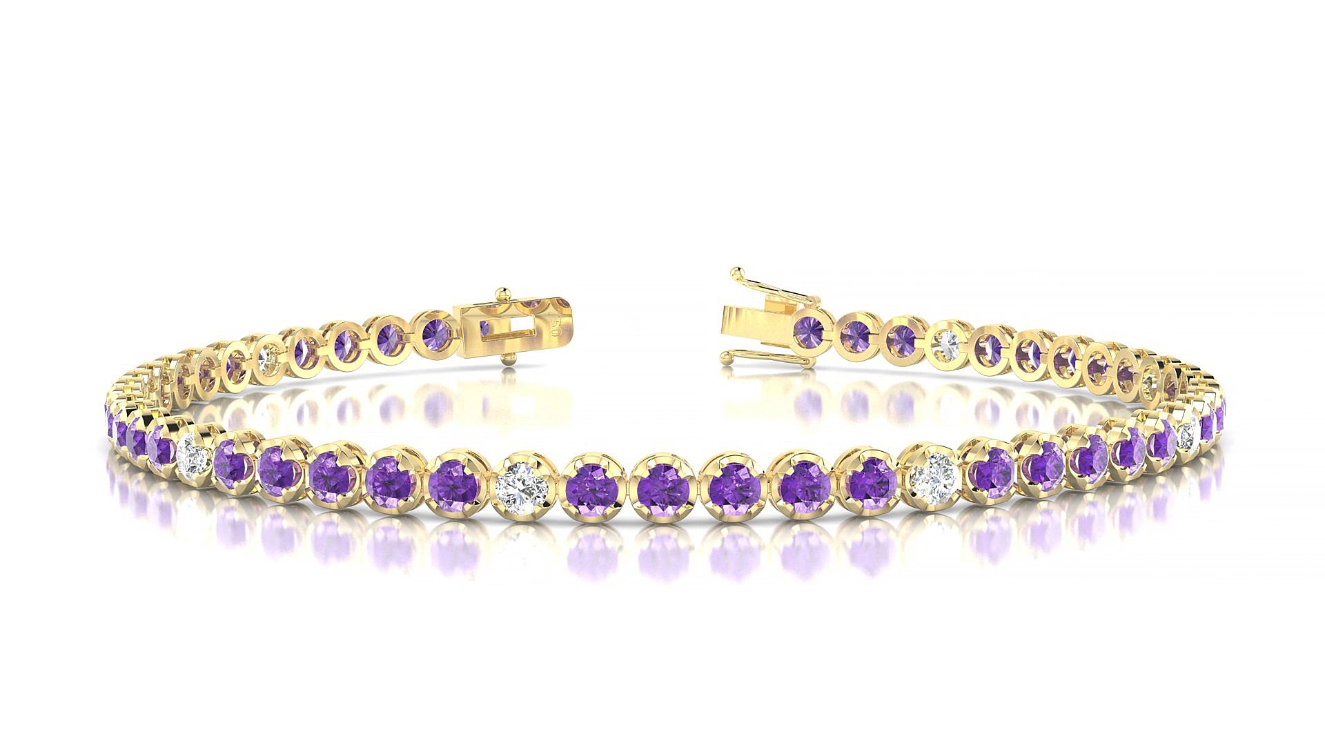 Bengal 5-1 | 18k Yellow Gold 2.5 mm Round Natural Amethyst & Diamond 15 cm Tennis Bracelet