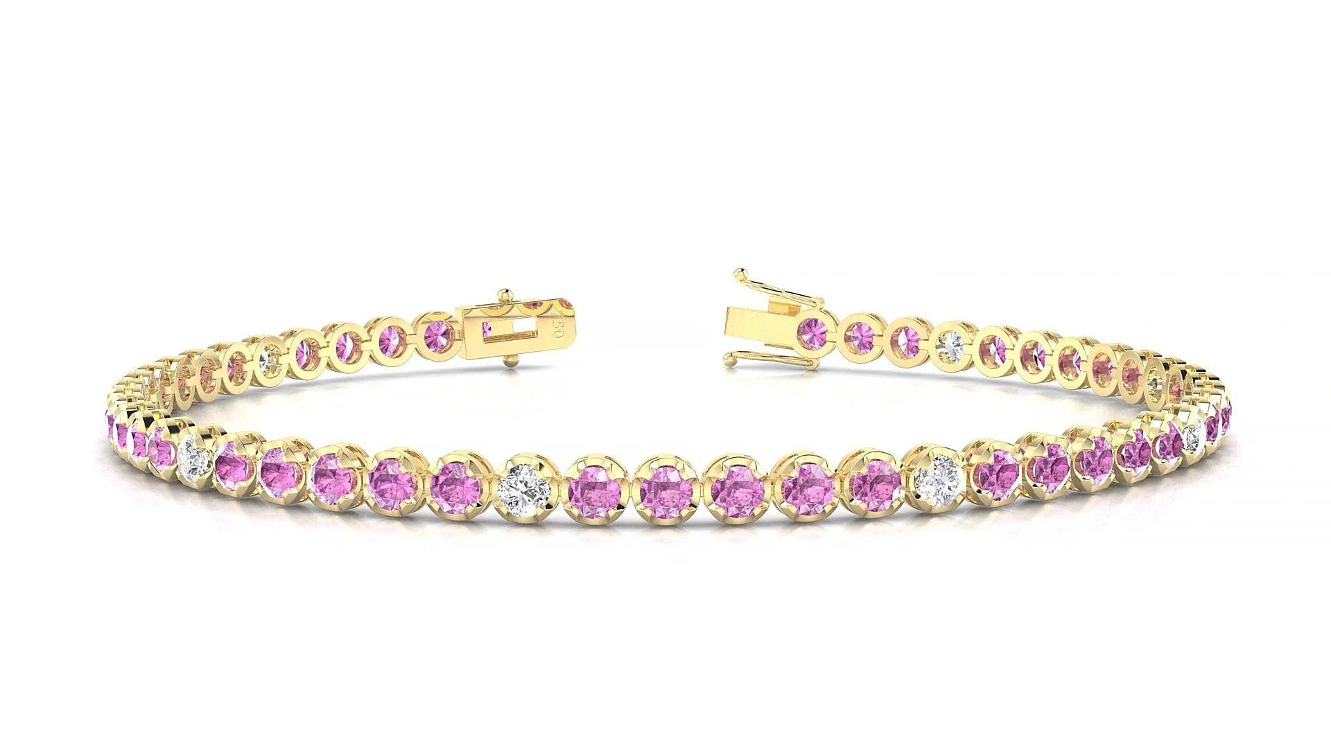 Bengal 5-1 | 18k Yellow Gold 2.5 mm Round Natural Pink Sapphire & Diamond Tennis Bracelet