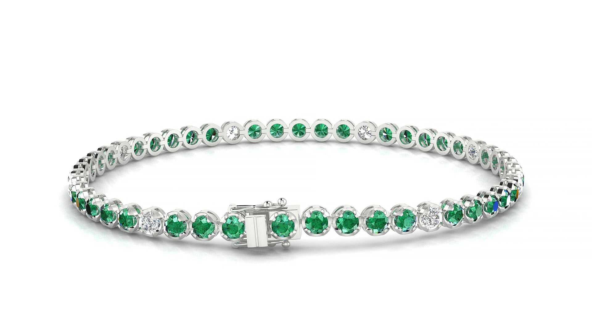 Bengal 5-1 | 18k White Gold 2.5 mm Round Natural Emerald & Diamond 15 cm Tennis Bracelet