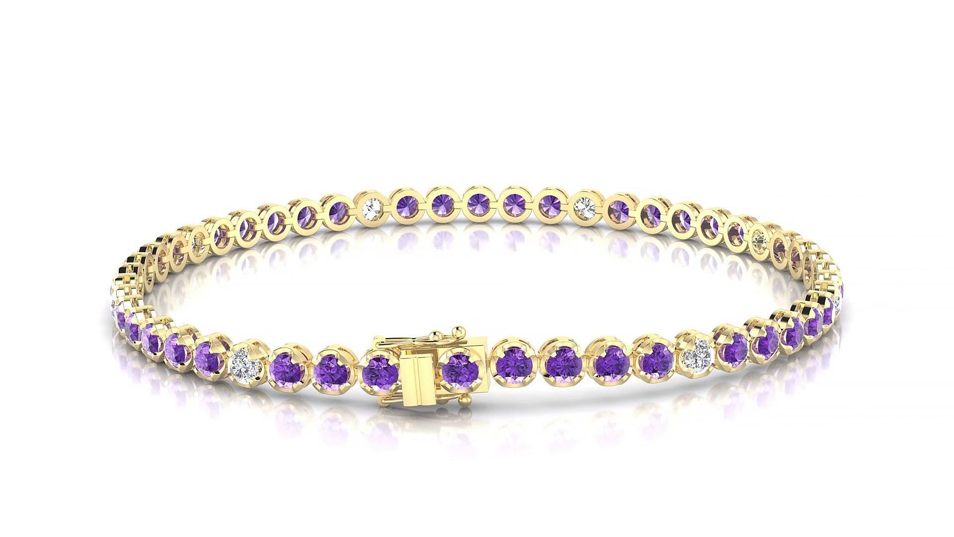 Bengal 5-1 | 18k Yellow Gold 2.5 mm Round Natural Amethyst & Diamond 15 cm Tennis Bracelet