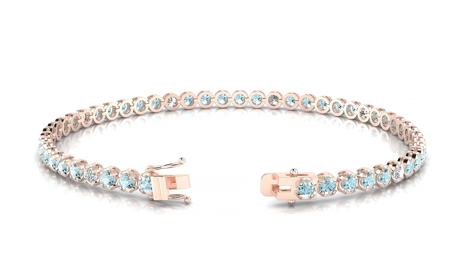 Bengal 5-1 | 18k Rose Gold 2.5 mm Round Natural Aquamarine & Diamond 15 cm Tennis Bracelet