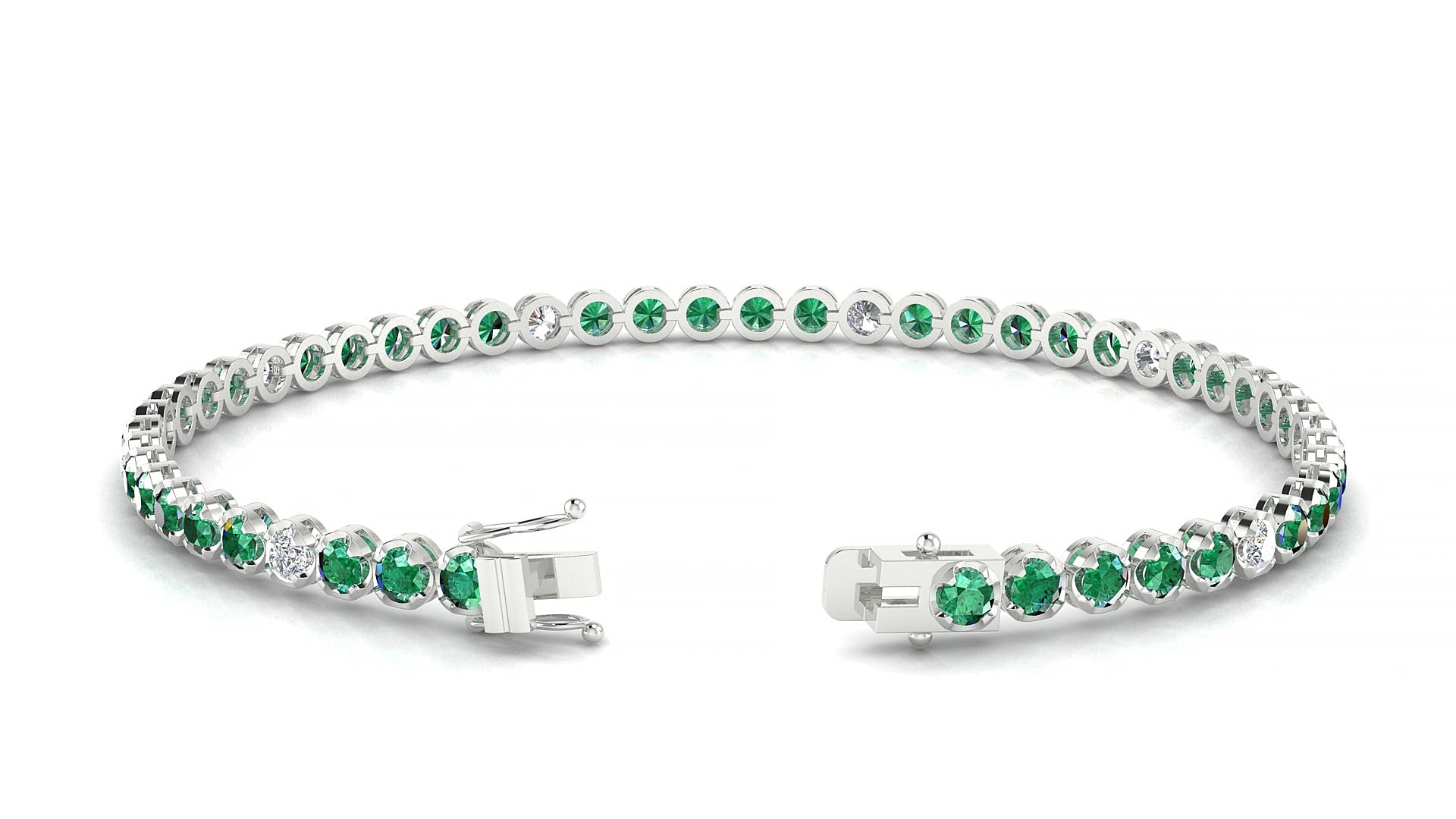 Bengal 5-1 | 18k White Gold 2.5 mm Round Natural Emerald & Diamond 15 cm Tennis Bracelet