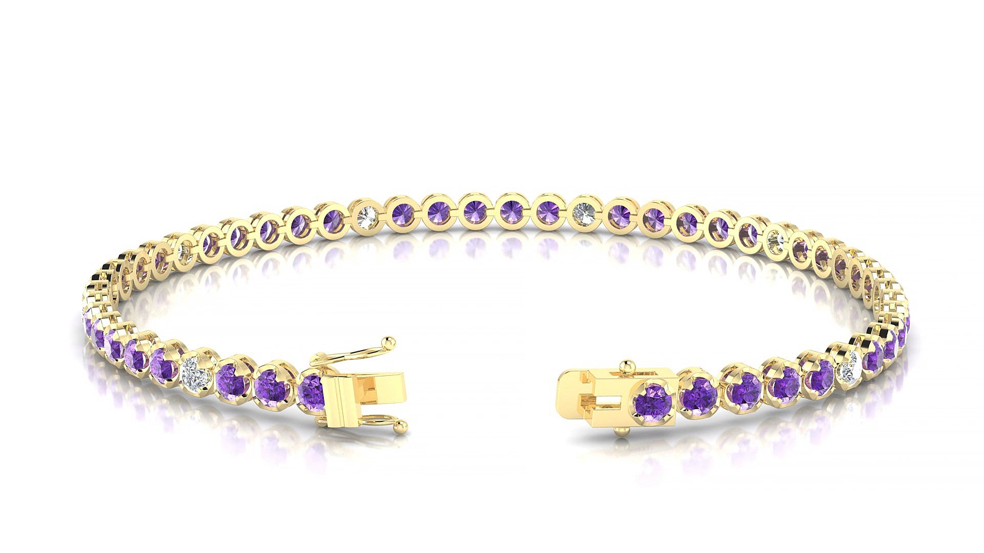 Bengal 5-1 | 18k Yellow Gold 2.5 mm Round Natural Amethyst & Diamond 15 cm Tennis Bracelet