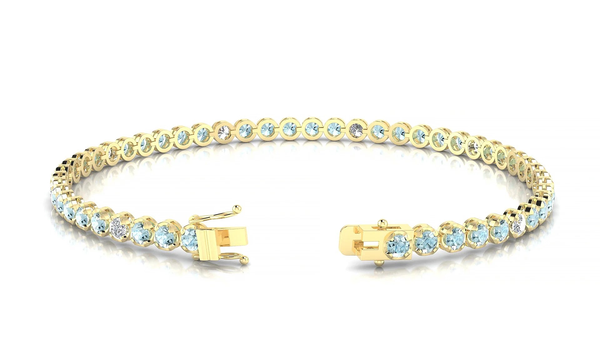 Bengal 5-1 | 18k Yellow Gold 2.5 mm Round Natural Aquamarine & Diamond Tennis Bracelet