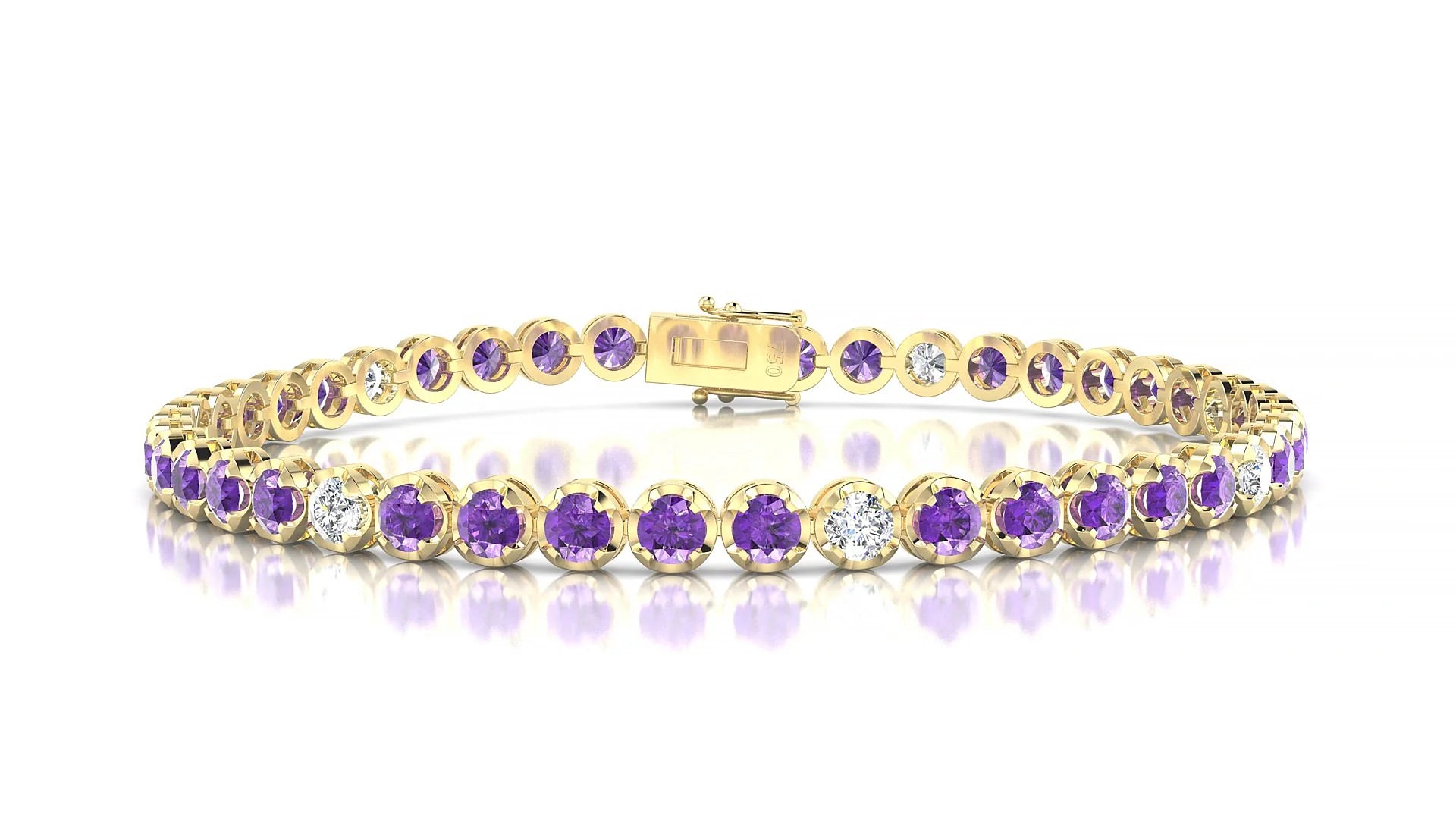 Bengal 5-1 | 18k Yellow Gold 3 mm Round Natural Amethyst & Diamond Tennis Bracelet