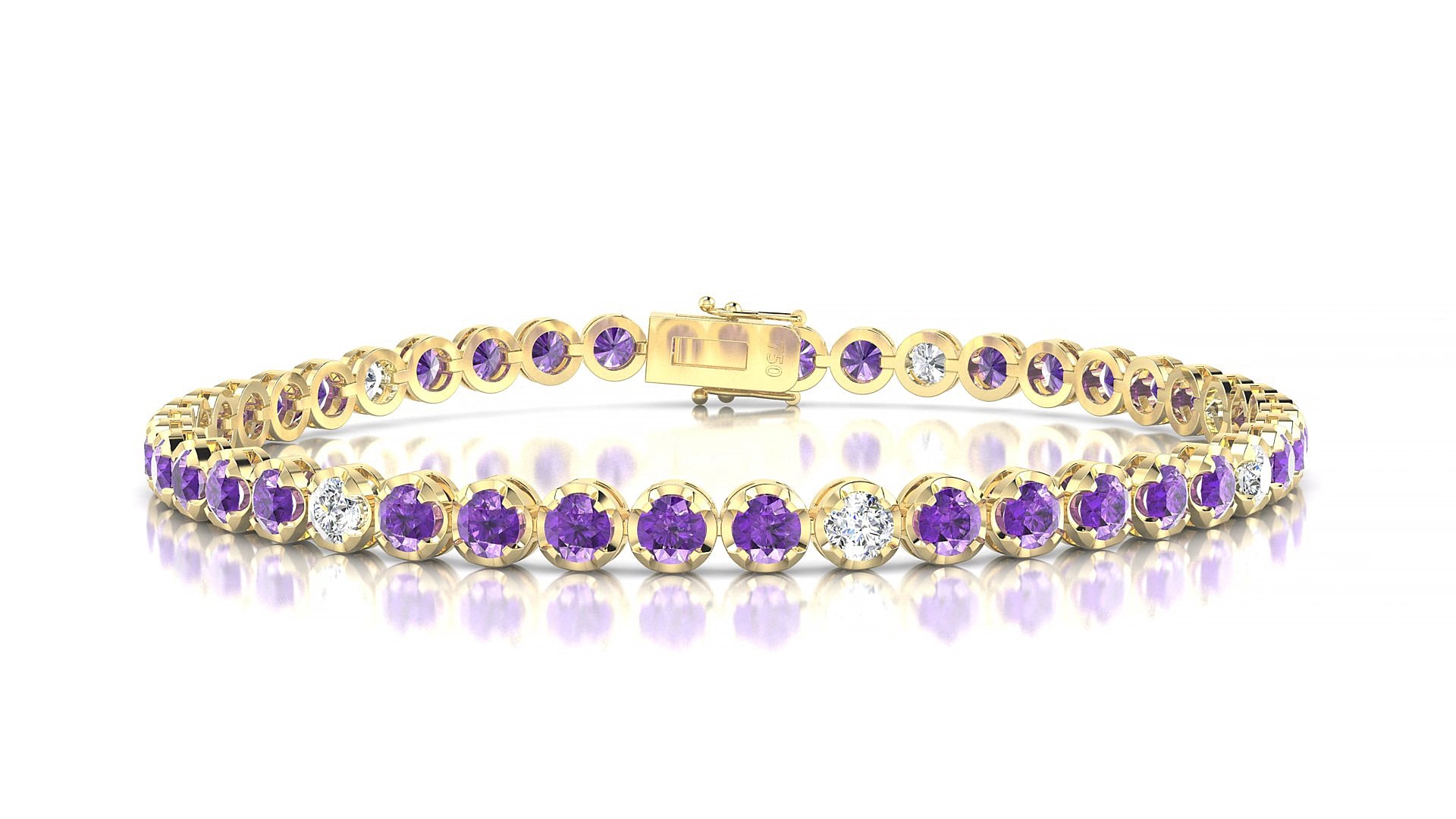 Bengal 5-1 | 18k Yellow Gold 3 mm Round Natural Amethyst & Diamond 15 cm Tennis Bracelet