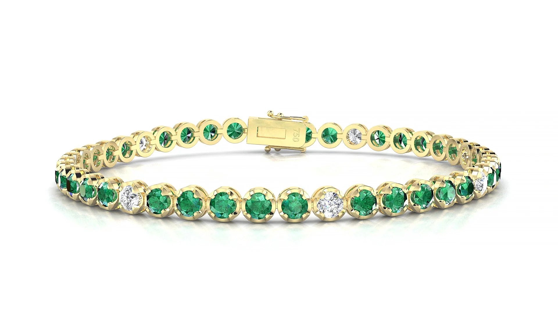 Bengal 5-1 | 18k Yellow Gold 3 mm Round Natural Emerald & Diamond Tennis Bracelet