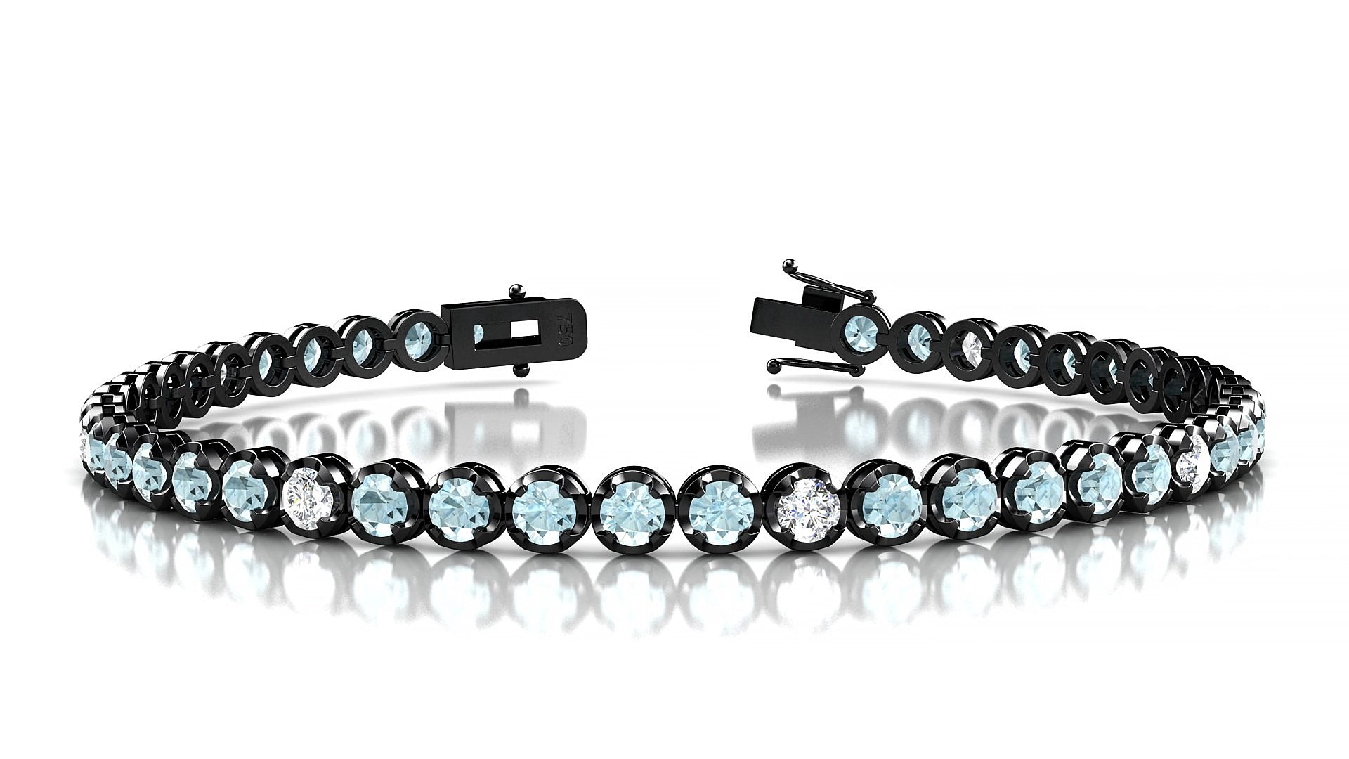 Bengal 5-1 | 18k Black Gold 3 mm Round Natural Aquamarine & Diamond 15 cm Tennis Bracelet