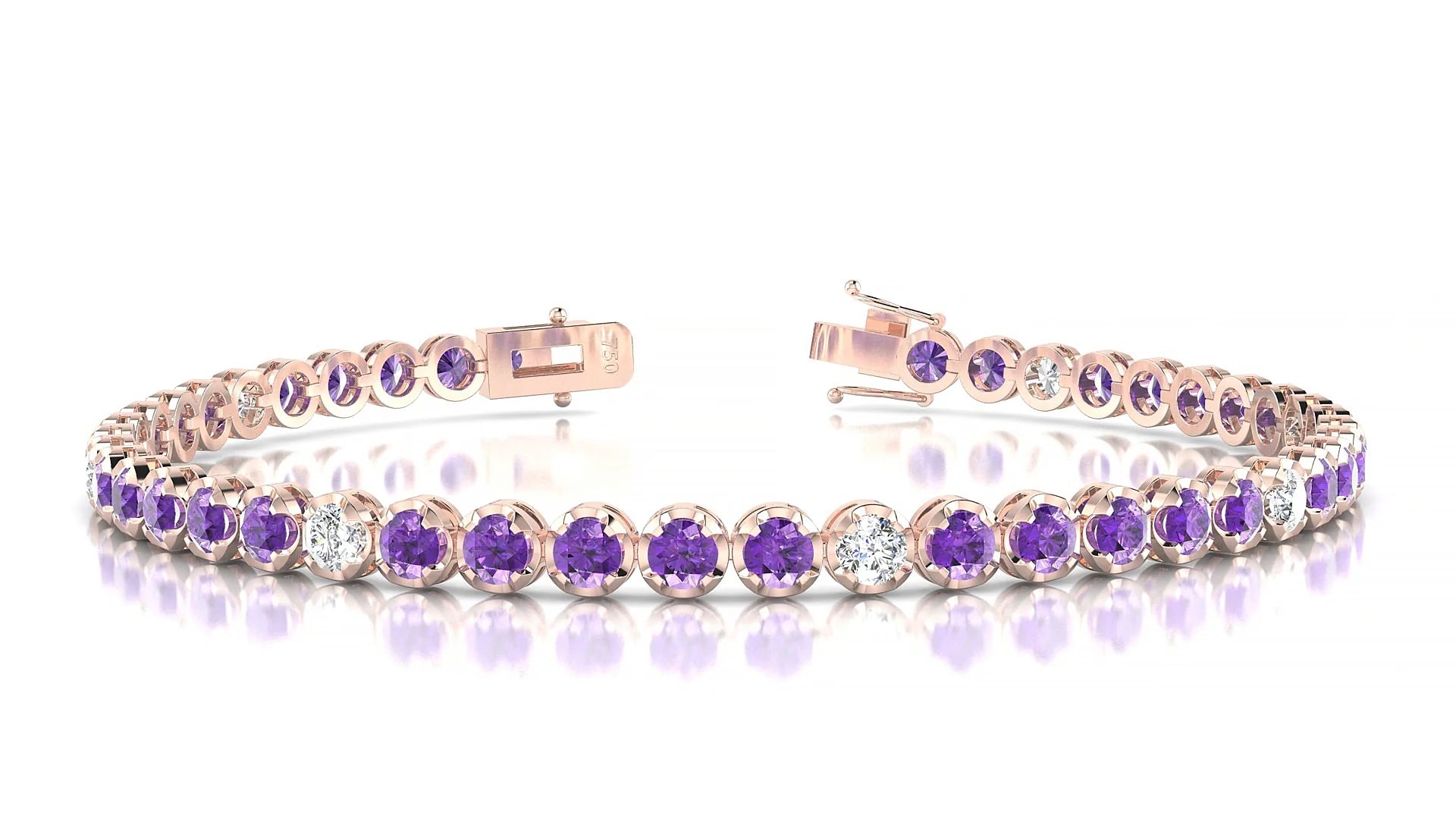Bengal 5-1 | 18k Rose Gold 3 mm Round Natural Amethyst & Diamond Tennis Bracelet