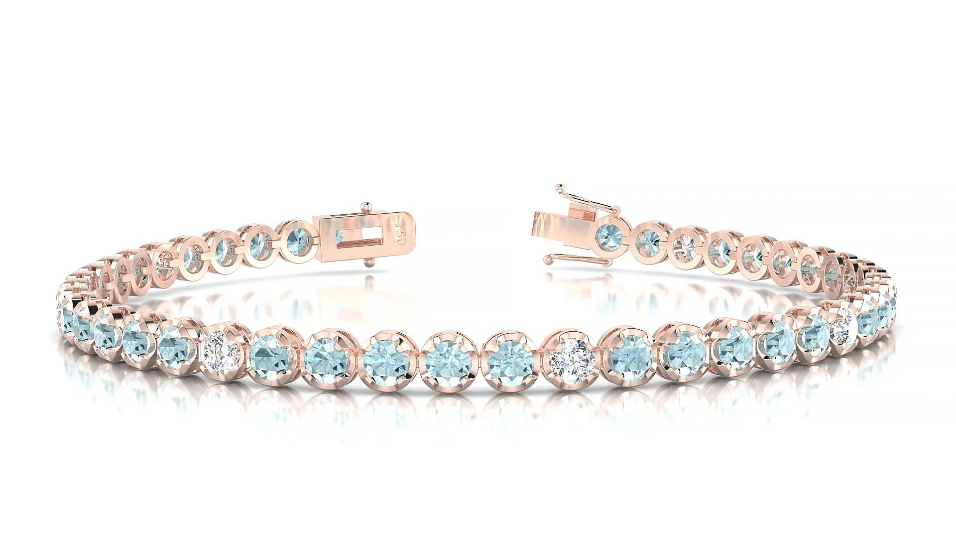 Bengal 5-1 | 18k Rose Gold 3 mm Round Natural Aquamarine & Diamond Tennis Bracelet