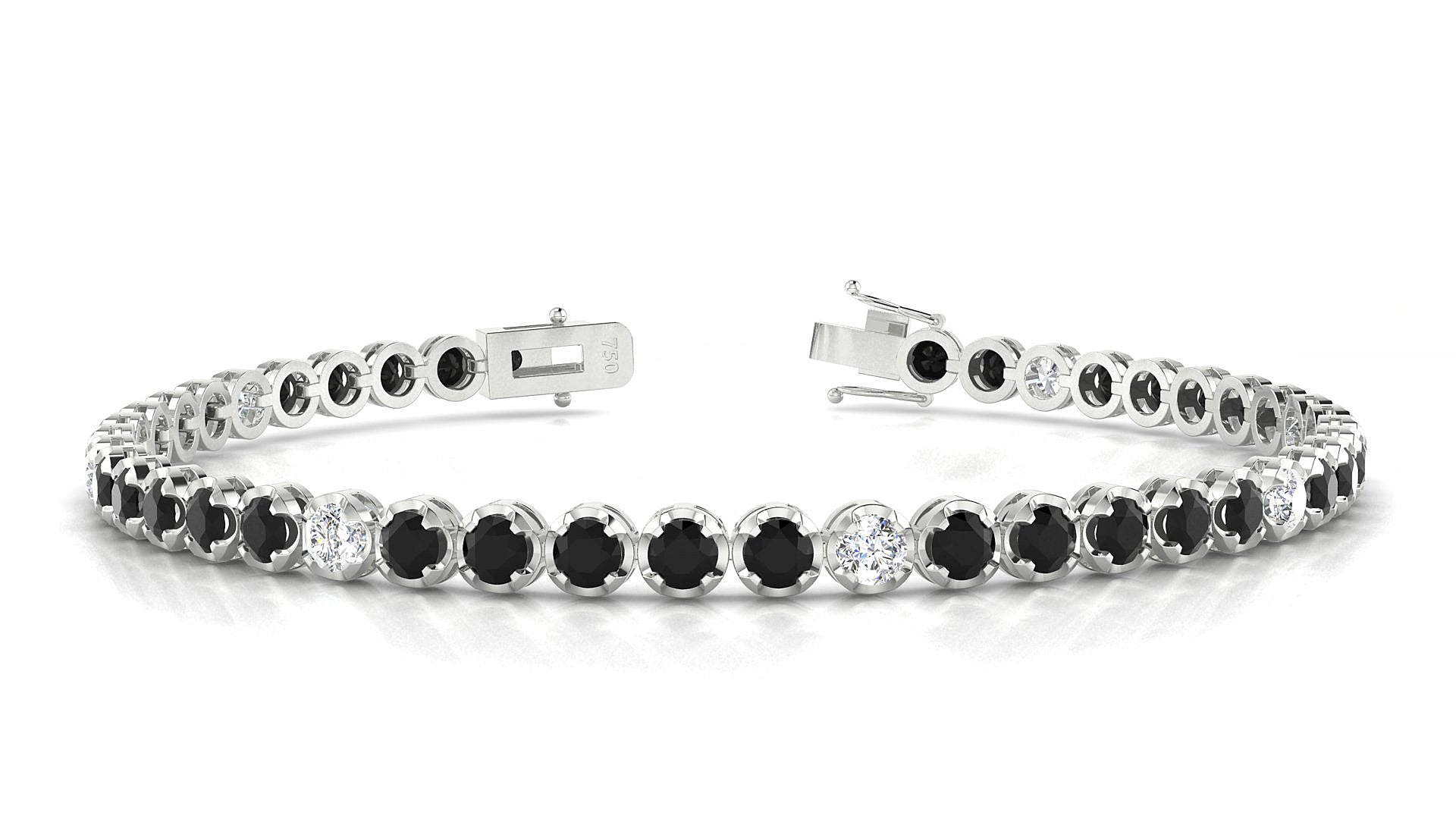 Bengal 5-1 | 18k White Gold 3 mm Round Natural Black Diamond & Diamond 19 cm Tennis Bracelet