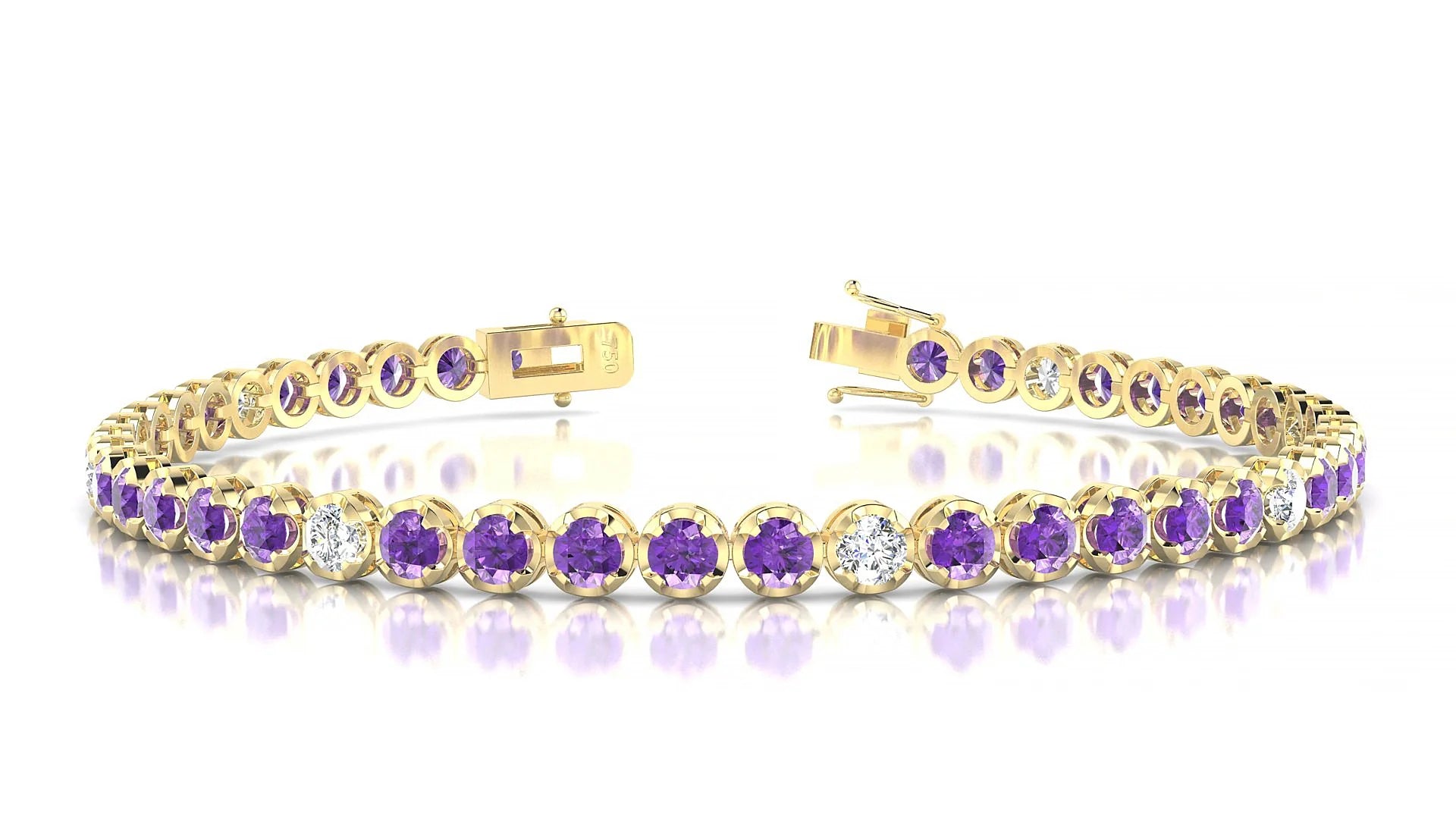 Bengal 5-1 | 18k Yellow Gold 3 mm Round Natural Amethyst & Diamond Tennis Bracelet