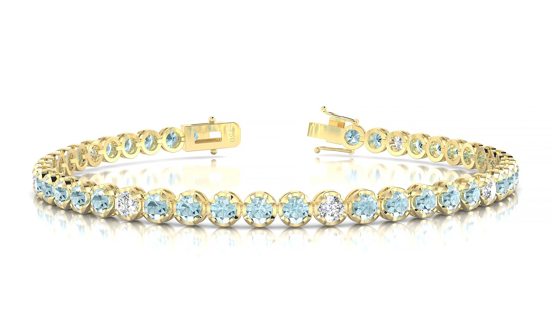 Bengal 5-1 | 18k Yellow Gold 3 mm Round Natural Aquamarine & Diamond 15 cm Tennis Bracelet