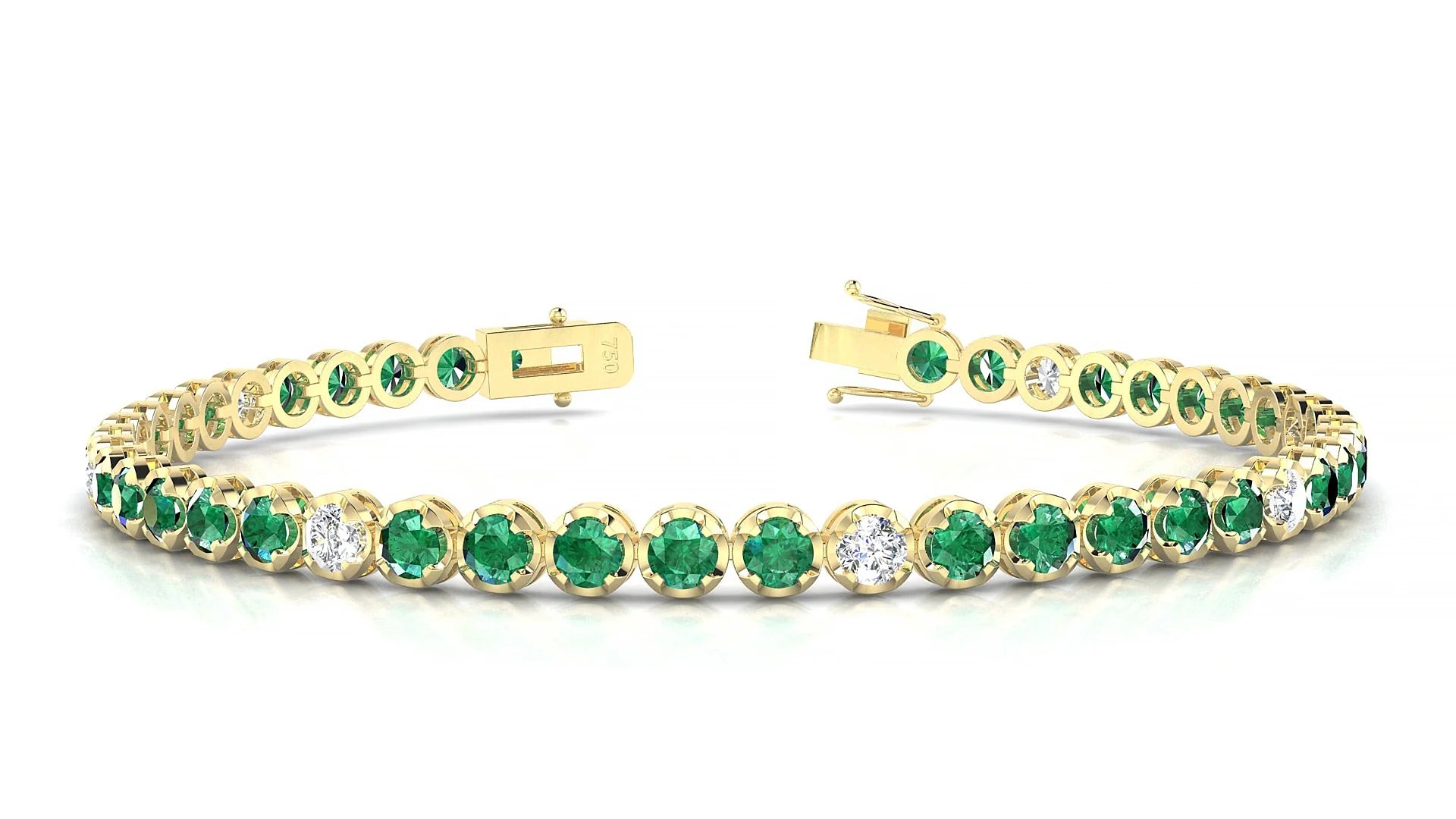 Bengal 5-1 | 18k Yellow Gold 3 mm Round Natural Emerald & Diamond Tennis Bracelet