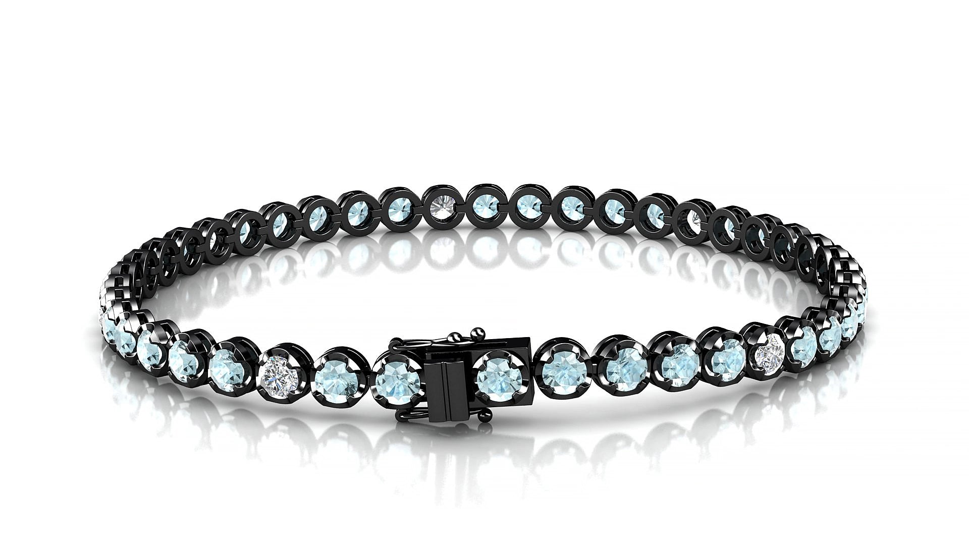 Bengal 5-1 | 18k Black Gold 3 mm Round Natural Aquamarine & Diamond 15 cm Tennis Bracelet