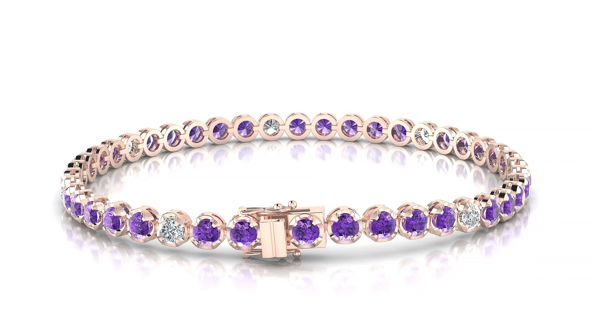Bengal 5-1 | 18k Rose Gold 3 mm Round Natural Amethyst & Diamond Tennis Bracelet