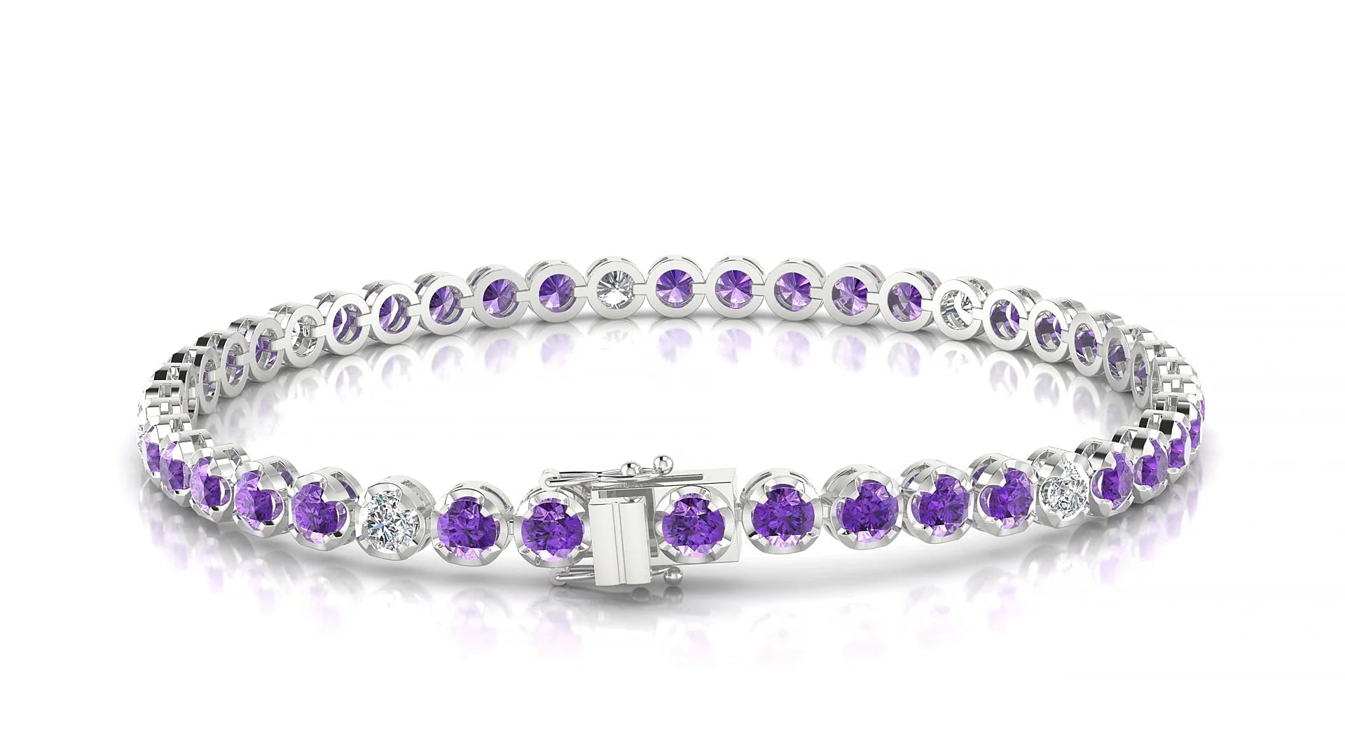 Bengal 5-1 | 18k White Gold 3 mm Round Natural Amethyst & Diamond Tennis Bracelet