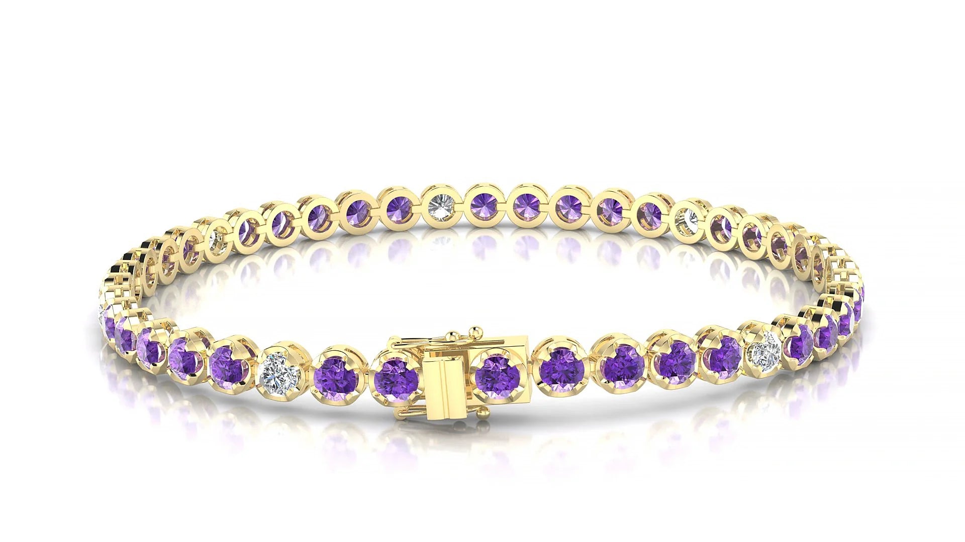 Bengal 5-1 | 18k Yellow Gold 3 mm Round Natural Amethyst & Diamond Tennis Bracelet