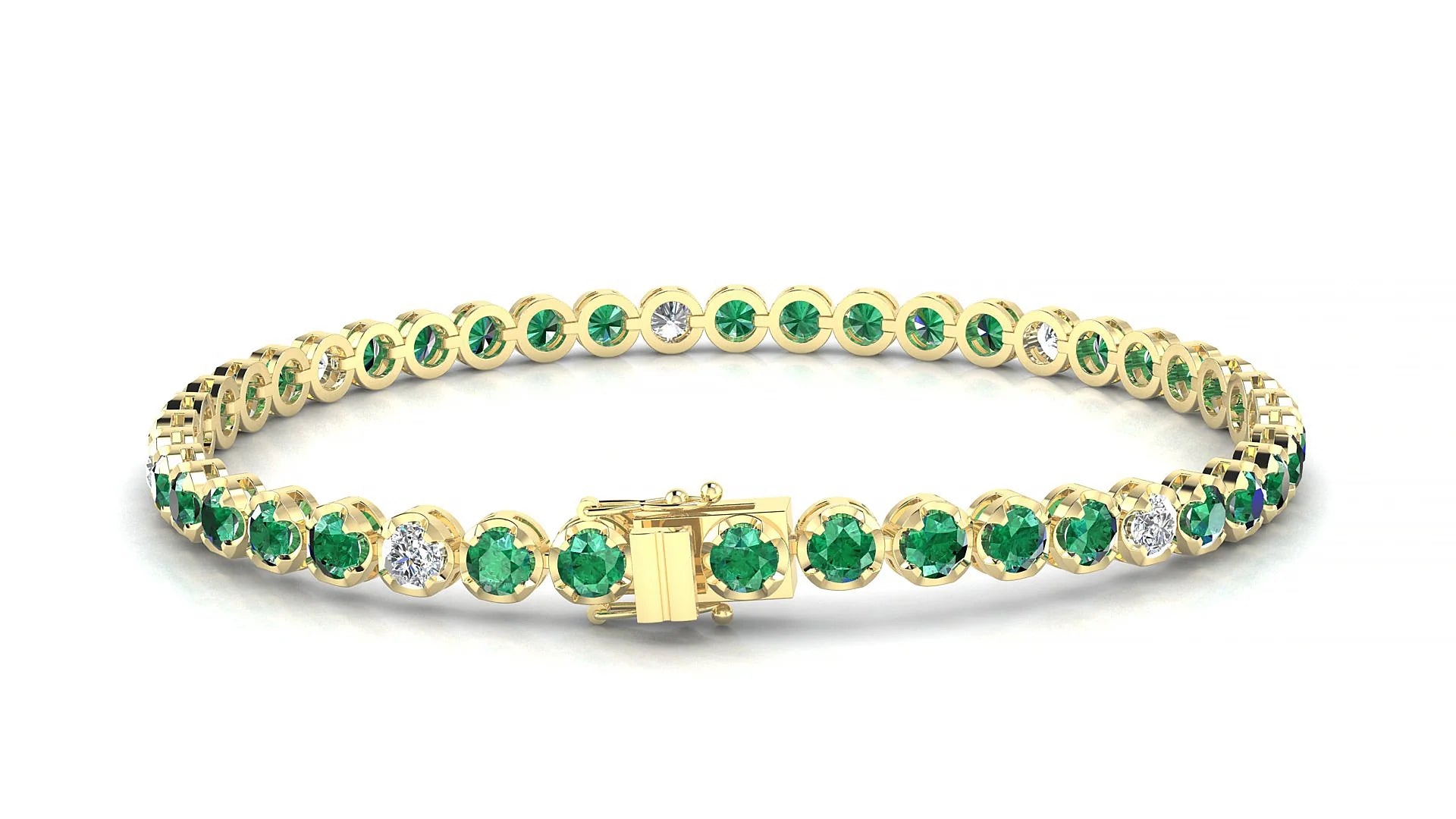 Bengal 5-1 | 18k Yellow Gold 3 mm Round Natural Emerald & Diamond Tennis Bracelet