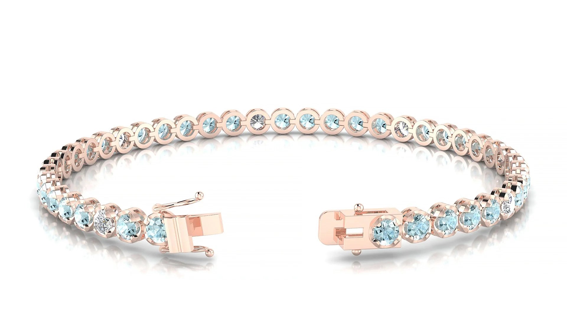Bengal 5-1 | 18k Rose Gold 3 mm Round Natural Aquamarine & Diamond Tennis Bracelet
