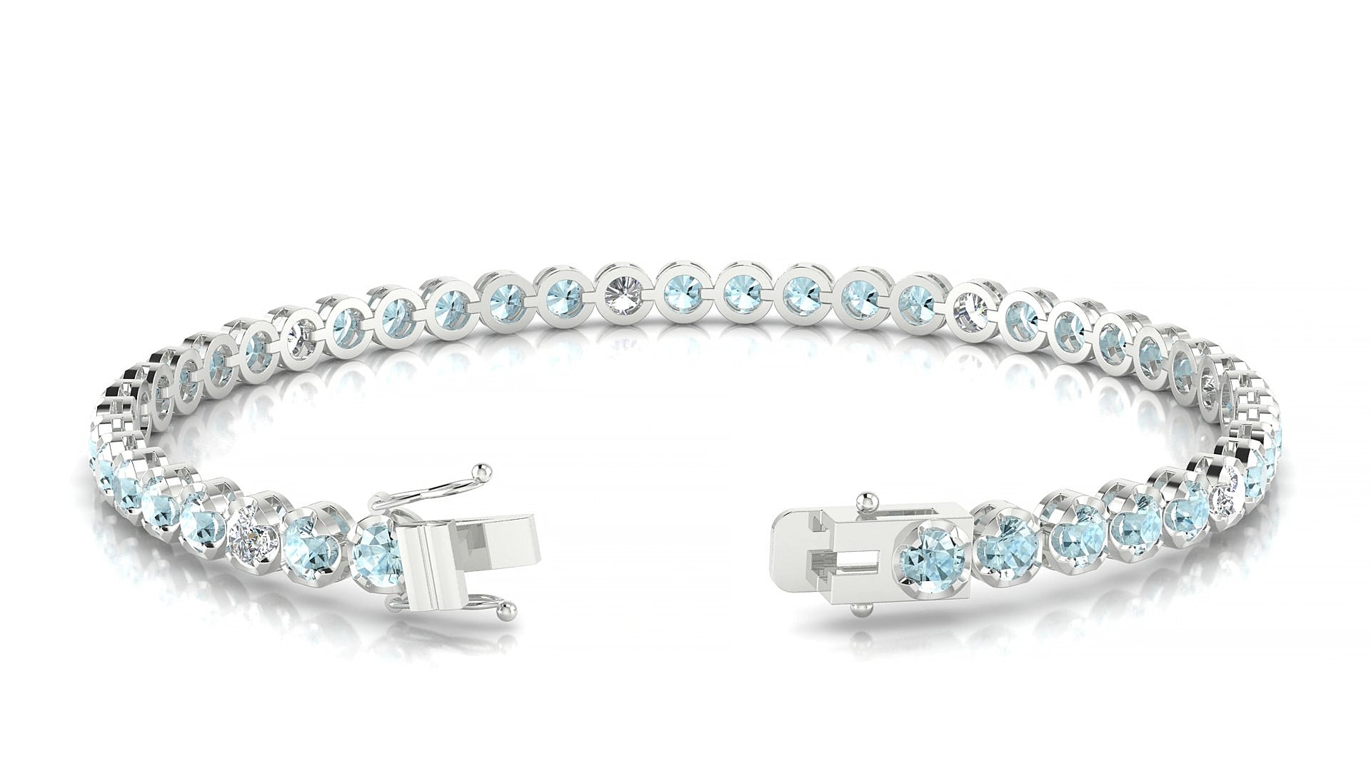 Bengal 5-1 | 18k White Gold 3 mm Round Natural Aquamarine & Diamond 15 cm Tennis Bracelet